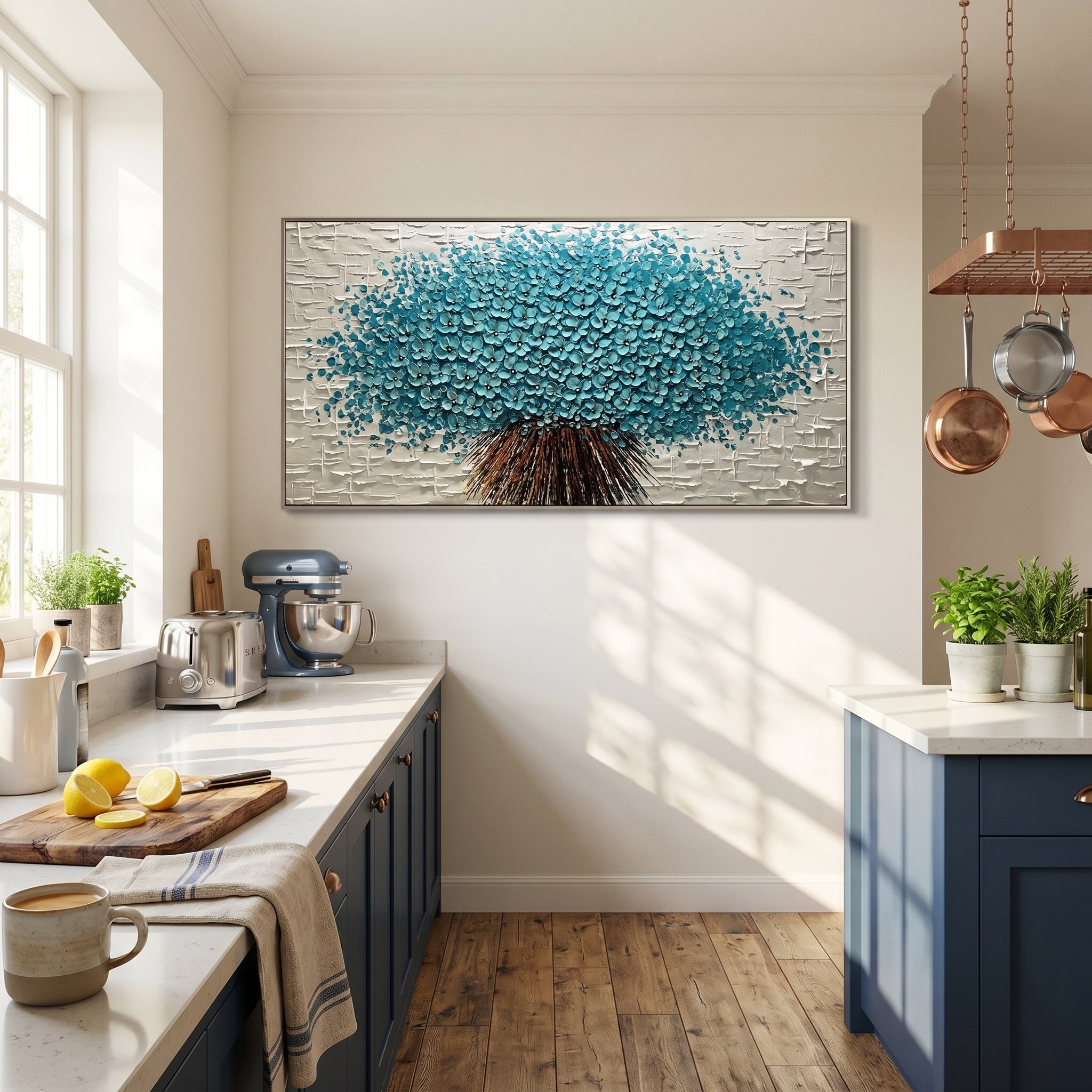 Cerulean Symphony – Modern Heavy Impasto Teal Bouquet | Sophisticated Horizontal Living Room Art