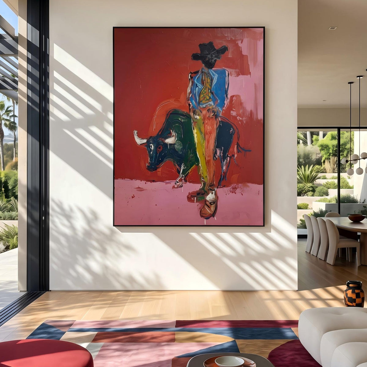 Blue Rider Meets Bull – Pop Art Bull Rider Painting | Bold Pink Vertical Wall Art