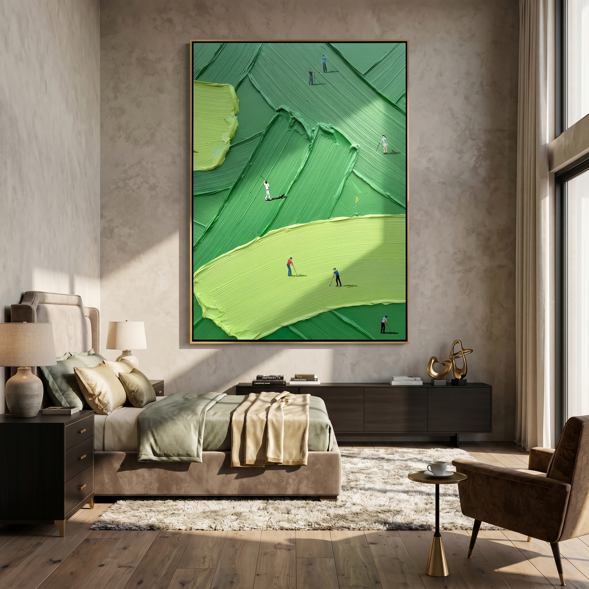 The Fairway Pursuit – Modern Impasto Golfing Painting | Creative Green Texture Sports Office Decor