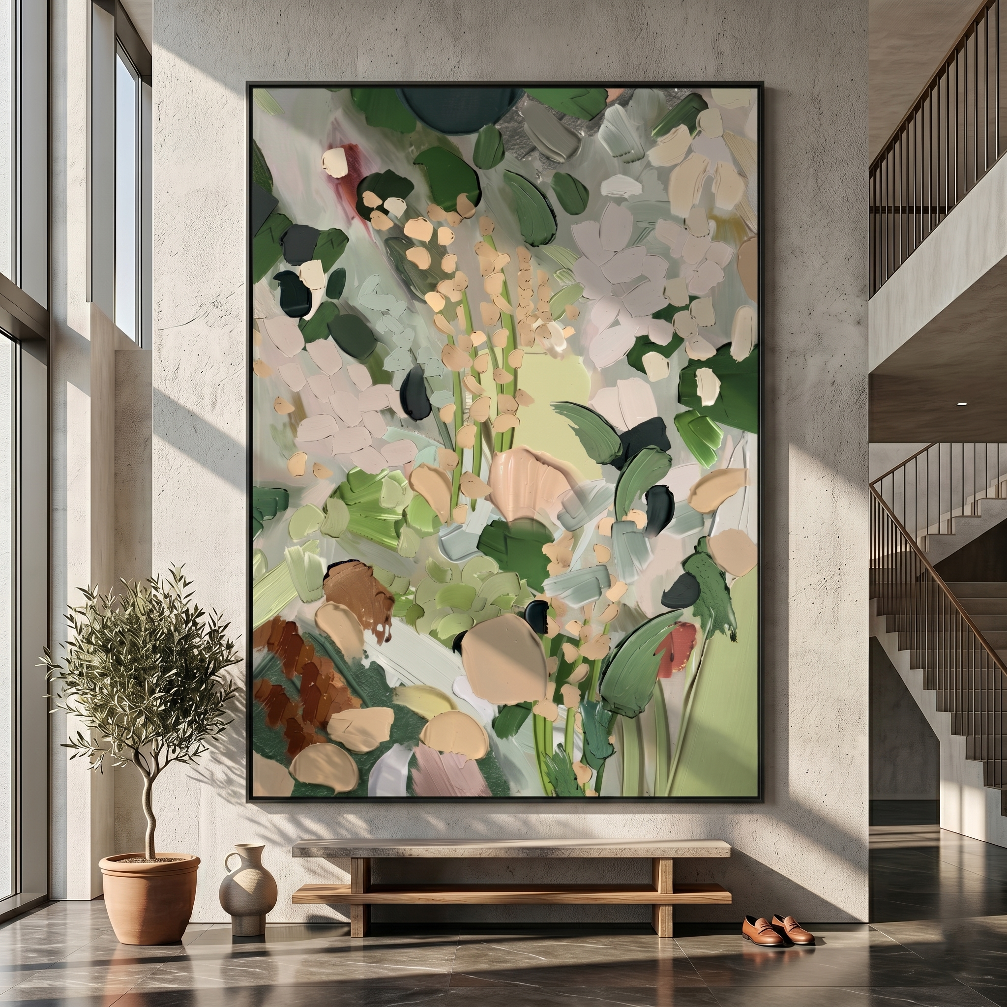 The Secret Garden – Modern Sage Green Impasto Floral Painting | Organic Living Room Vertical Canvas Art