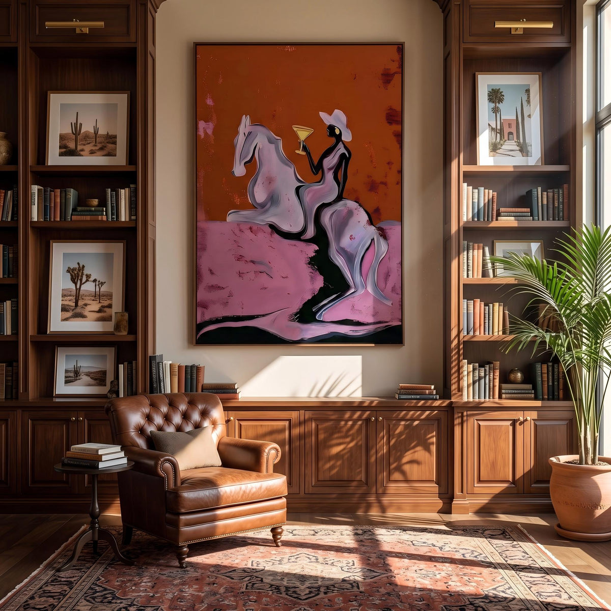 Pink Clouds Carry Rider – Pop Art Cowboy Horse Painting | Playful Orange Vertical Wall Art