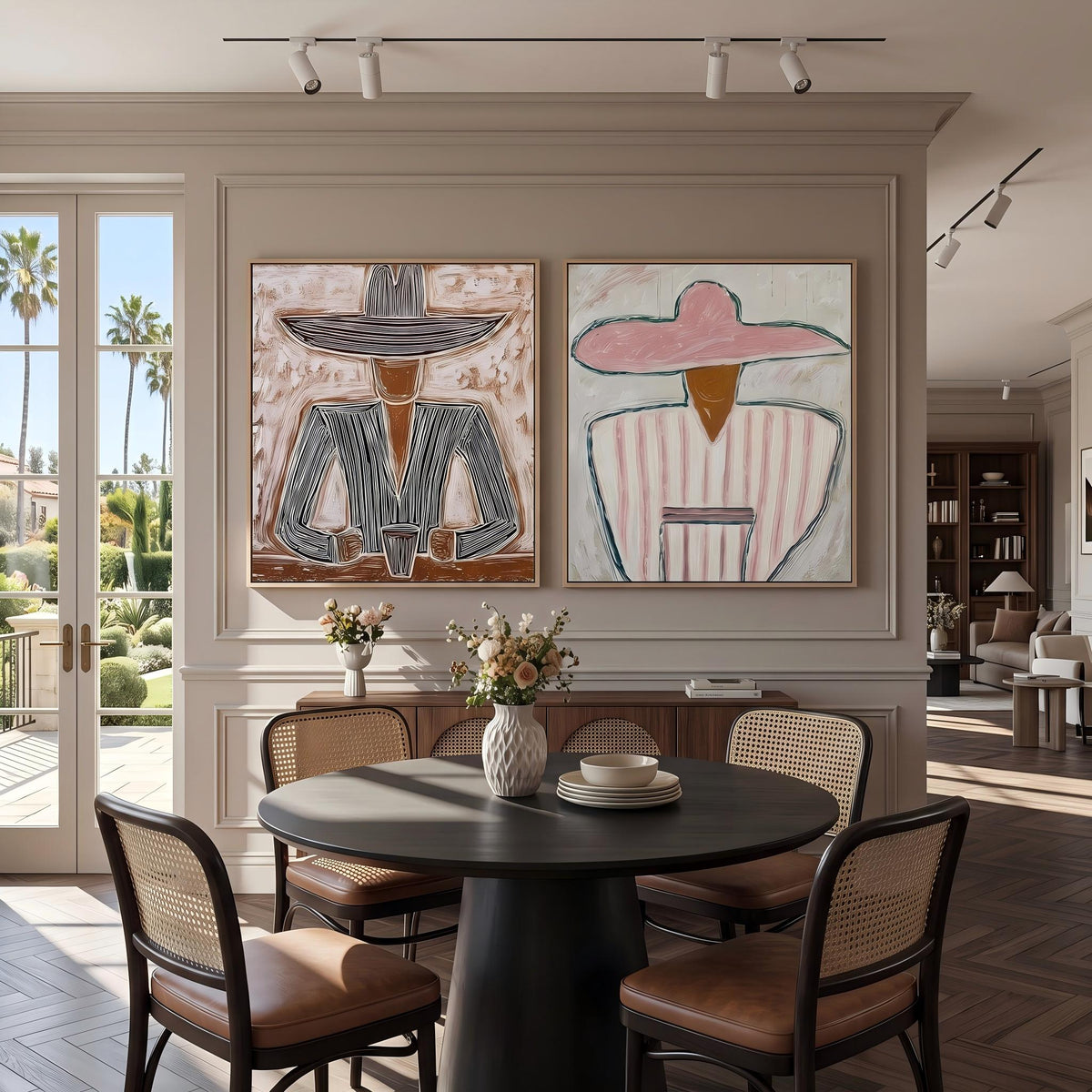 Striped Hats Face West – Cowboy and Cowgirl Diptych | Vintage Americana Square Wall Art
