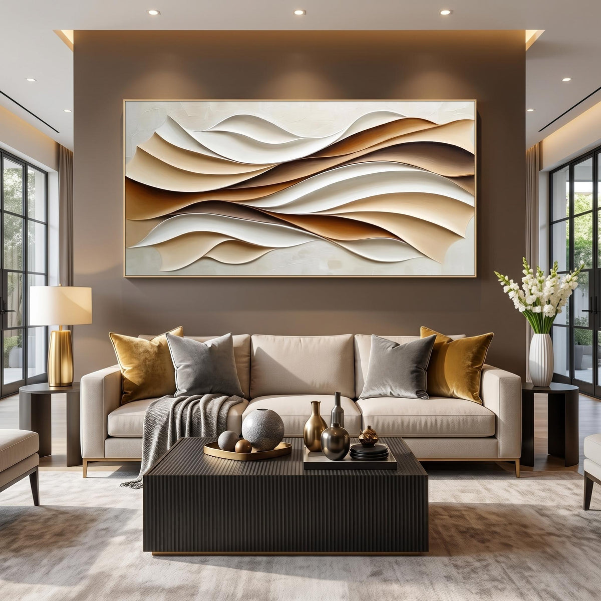 Sand Waves in Relief – Cream Brown Layered Abstract Painting | Wabi-Sabi Horizontal Wall Art