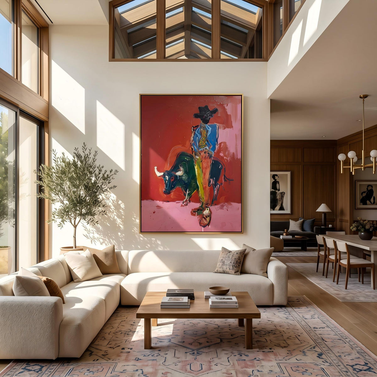 Blue Rider Meets Bull – Pop Art Bull Rider Painting | Bold Pink Vertical Wall Art