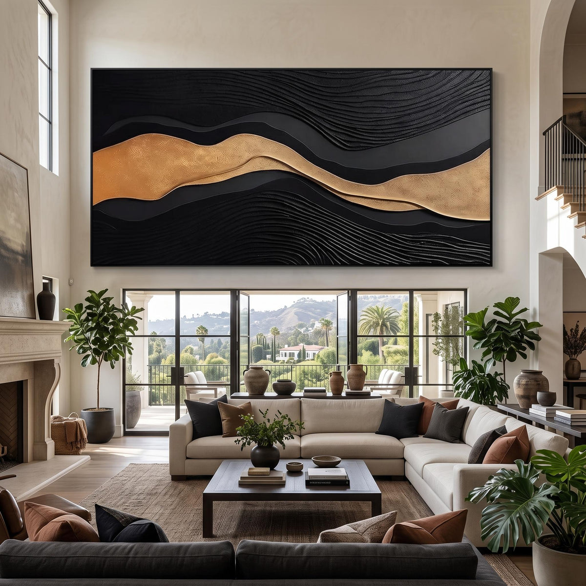 Black River of Gold – Black Gold Layered Abstract Painting | Textured Horizontal Wall Art