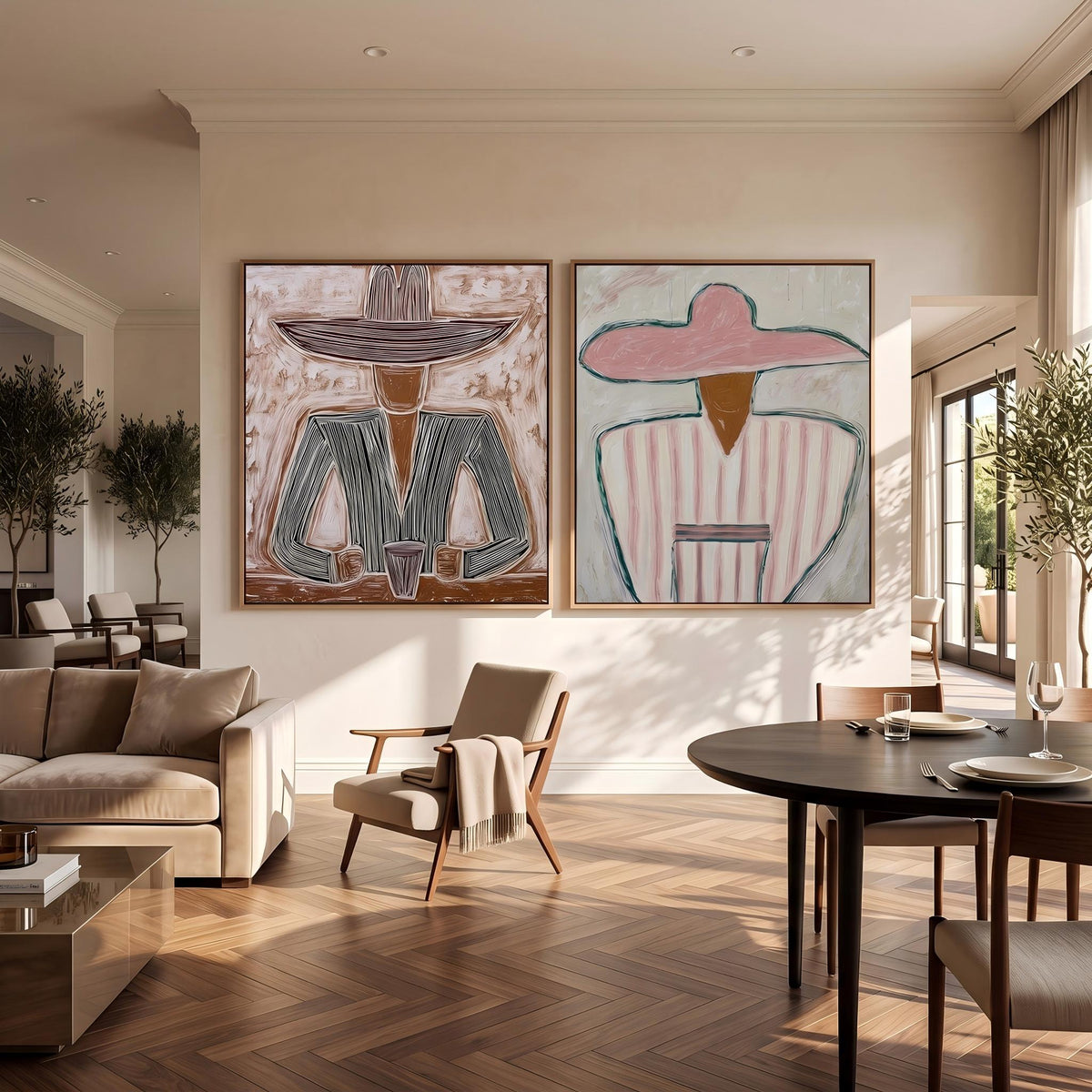 Striped Hats Face West – Cowboy and Cowgirl Diptych | Vintage Americana Square Wall Art
