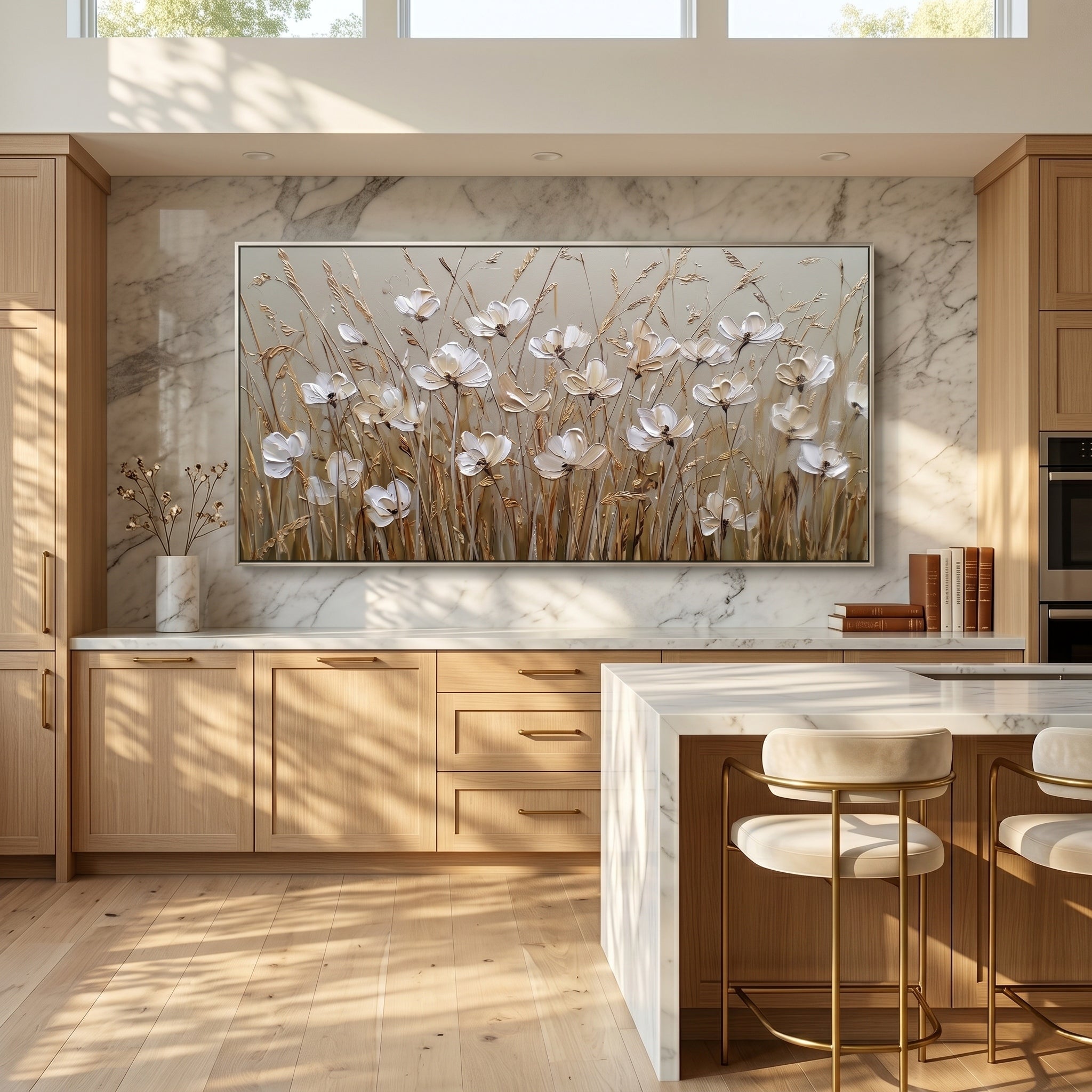 Autumn Whispers – Wabi-Sabi White Floral Earth Tone Impasto Canvas | Minimalist Living Room Wall Art