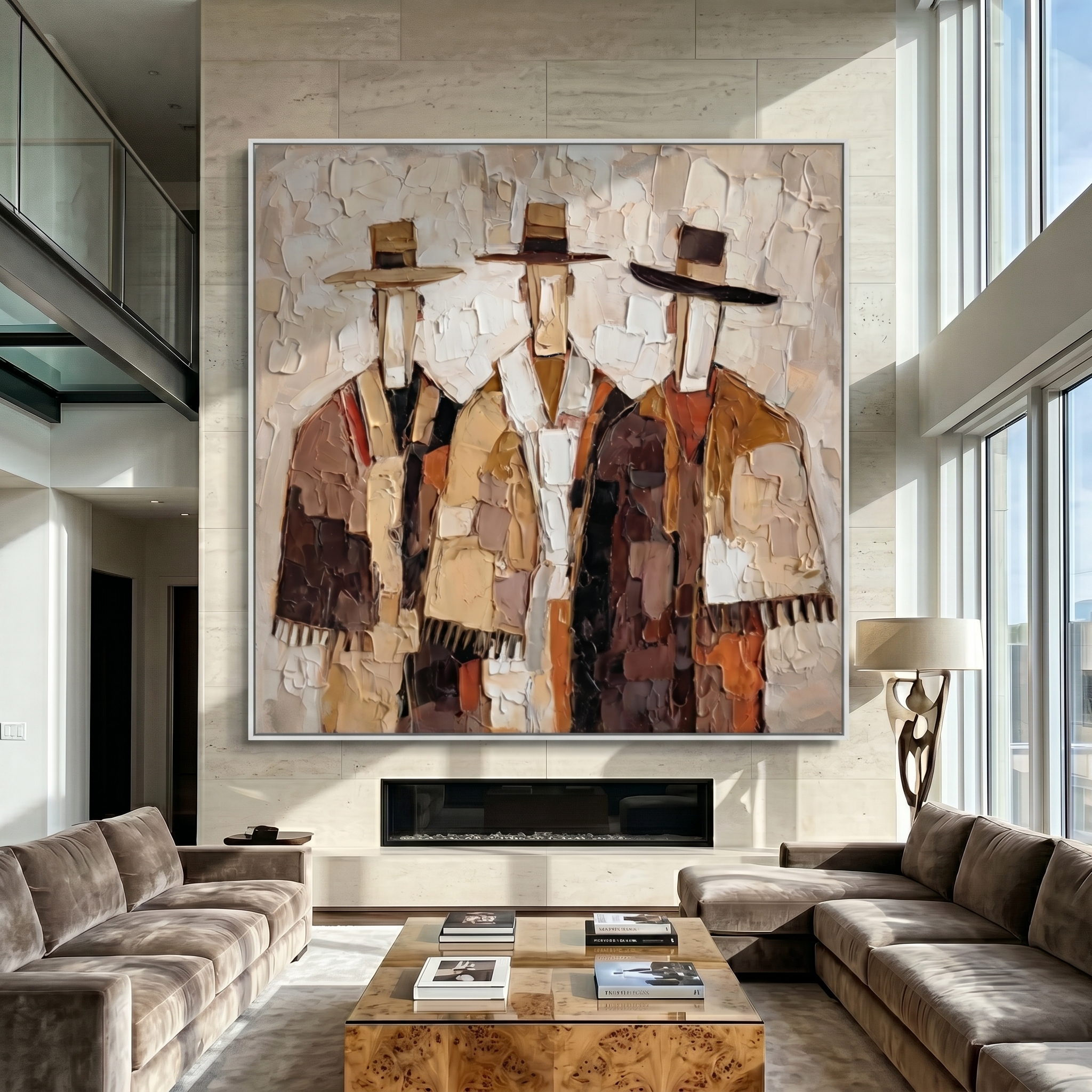 The Quiet Assembly – Mid-Century Neo-Expressionist Figures Heavy Impasto Painting | Earth Tone Palette Knife Abstract Portrait Canvas for Modern Living Room & Study