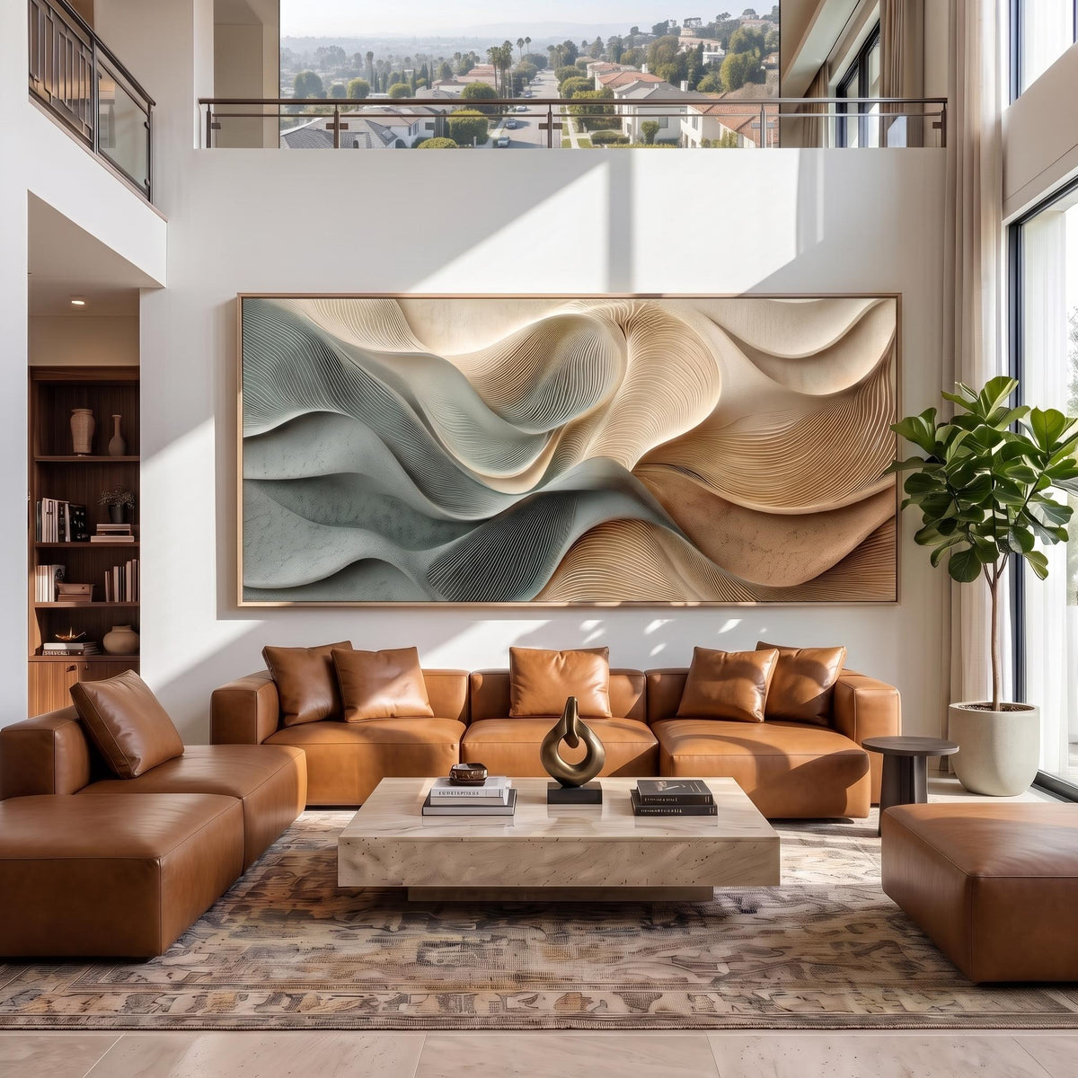 Tides Fold Into Sand – Blue Beige Sculptural Abstract Painting | Textured Horizontal Wall Art