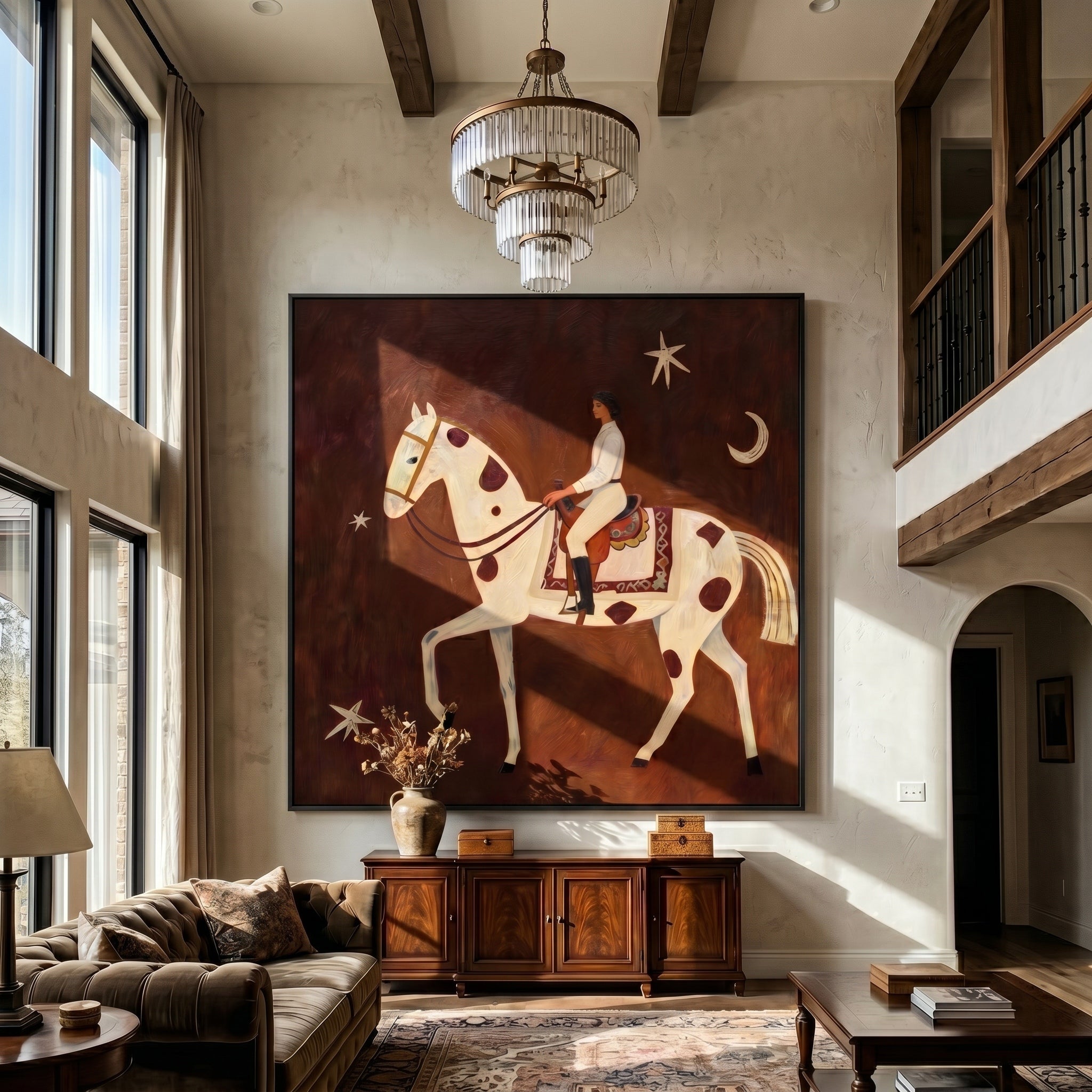 The Starry Canter – Magical Realism Horse & Rider Painting | Whimsical Rustic Entryway Art