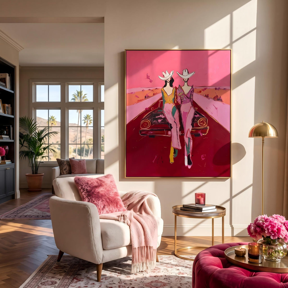 Cowgirls Meet the Horizon – Pop Art Western Friends Painting | Bold Pink Vertical Wall Art
