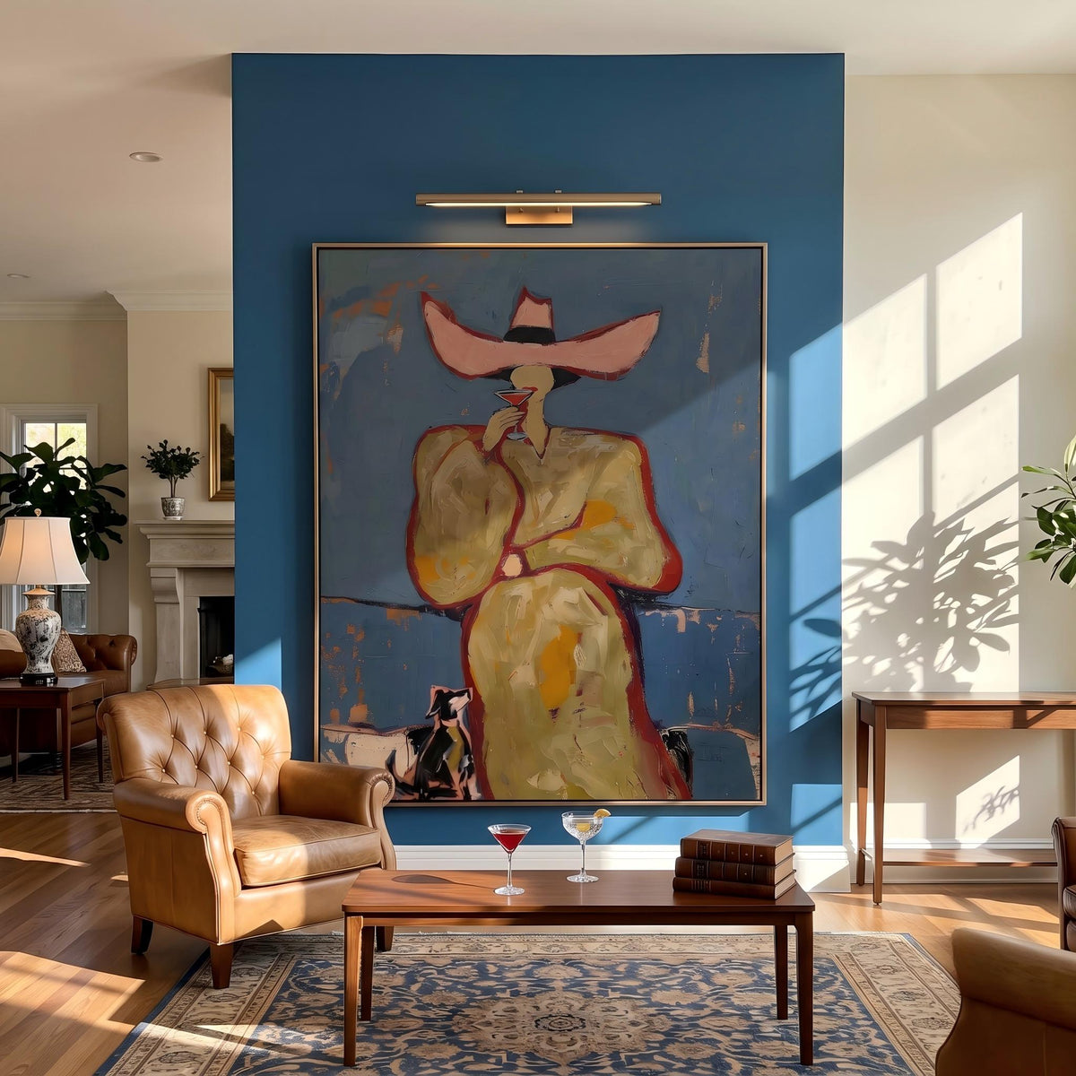 Midnight Hat Rides Tall – Pop Art Western Woman Painting | Blue Vertical Wall Art