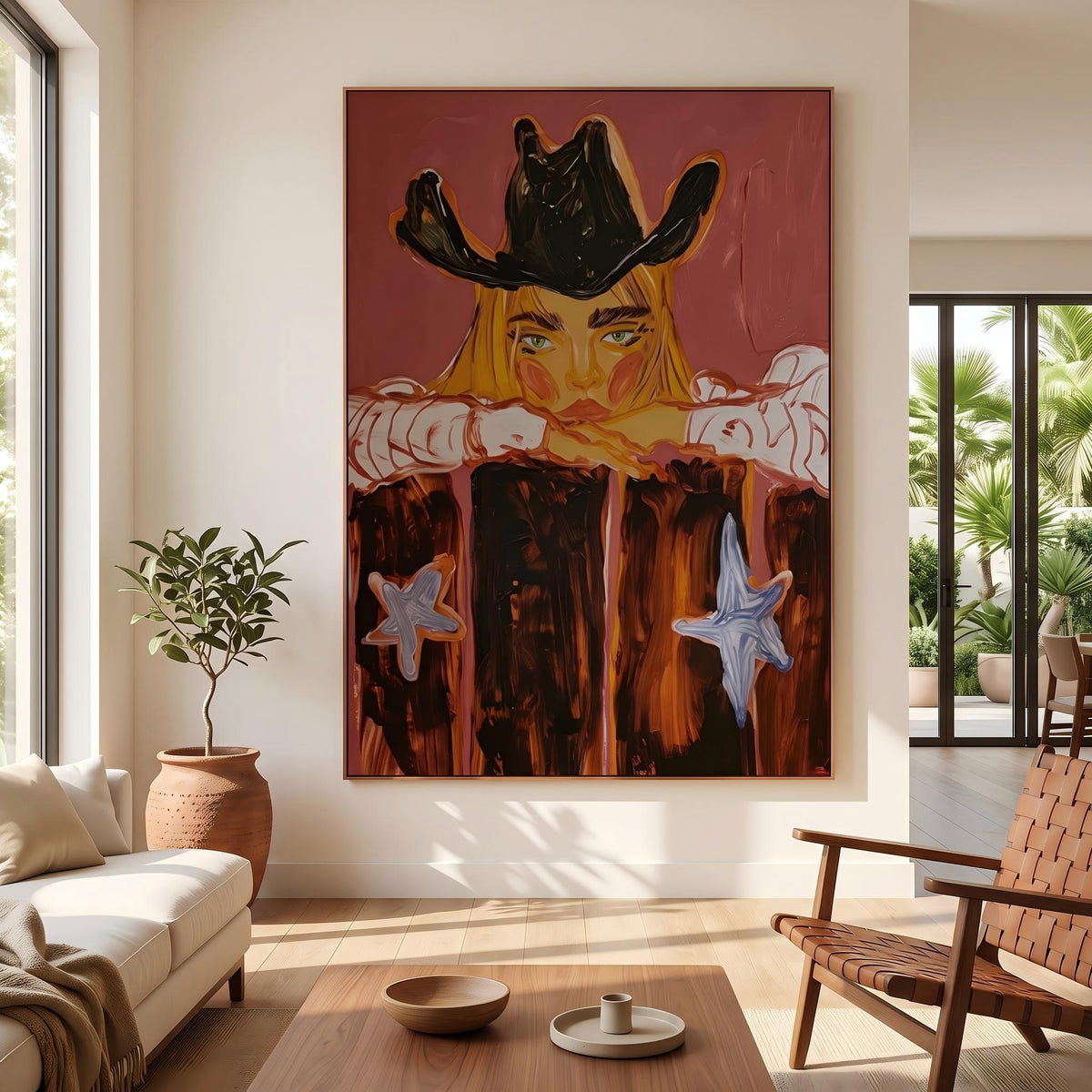 Cowboy Leans Through Sunset – Pop Art Western Figure Painting | Warm Red Vertical Wall Art