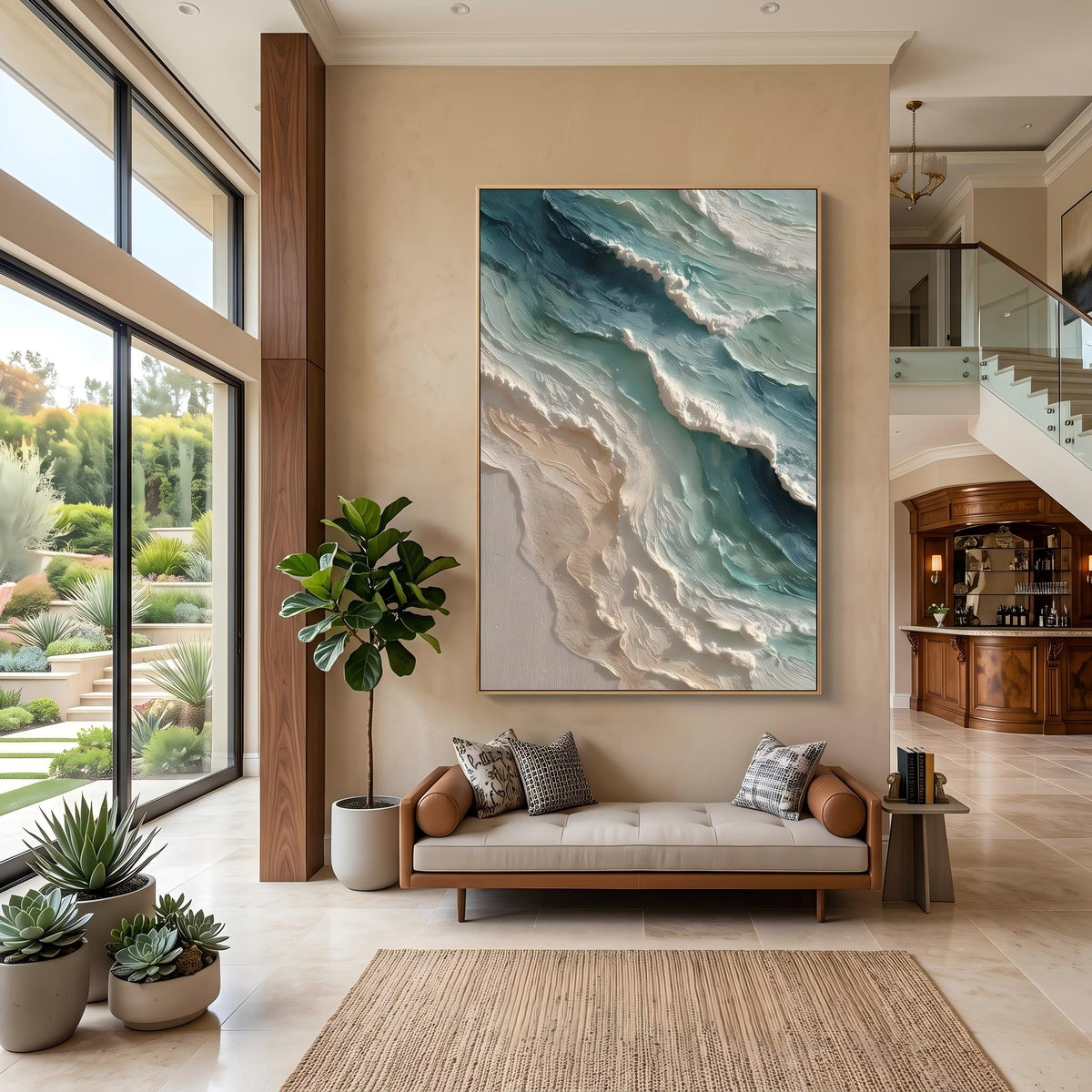 Ocean Crest Meets Sky – Blue Green Coastal Wave Painting | Textured Vertical Wall Art