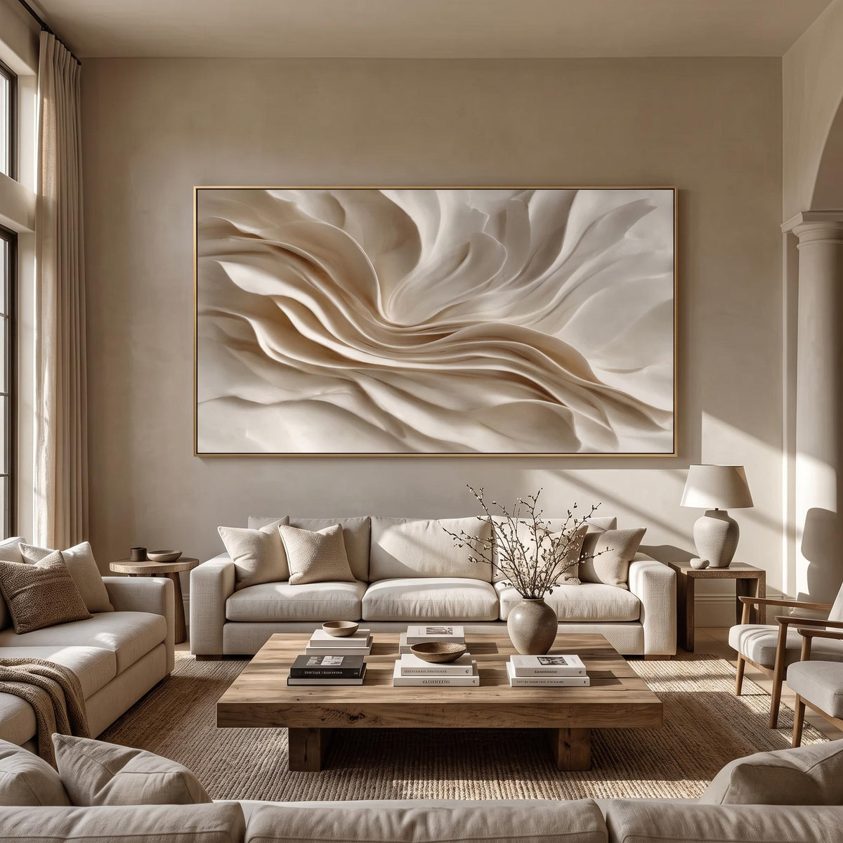 Ivory Folds in Bloom – Cream Sculptural Abstract Painting | Textured Horizontal Wall Art