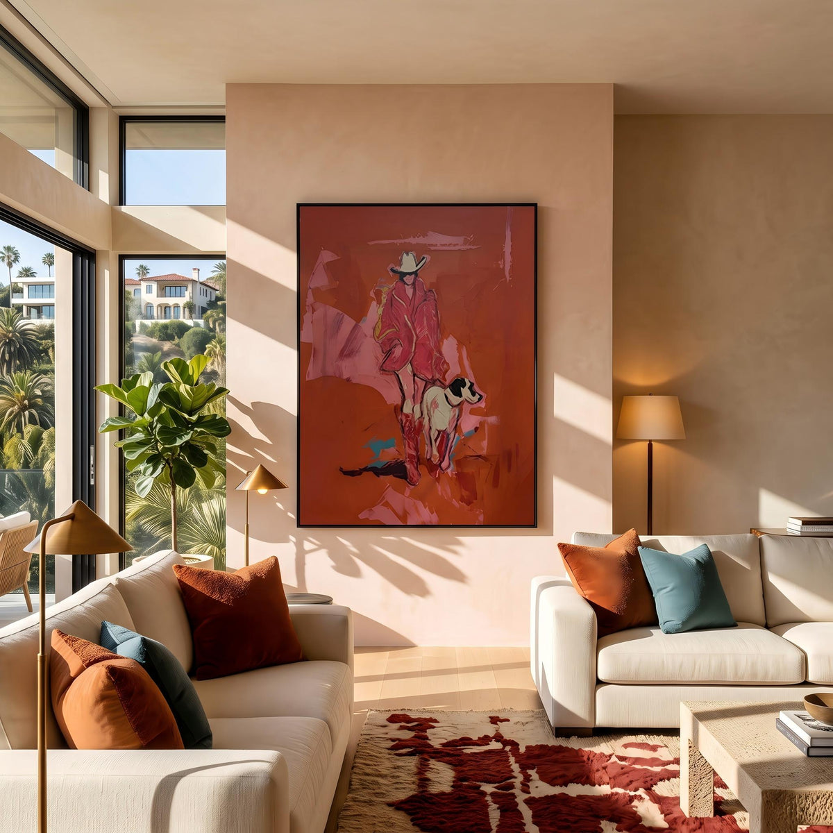Cowgirl Trails With Dog – Pop Art Cowgirl and Dog Painting | Warm Red Vertical Wall Art