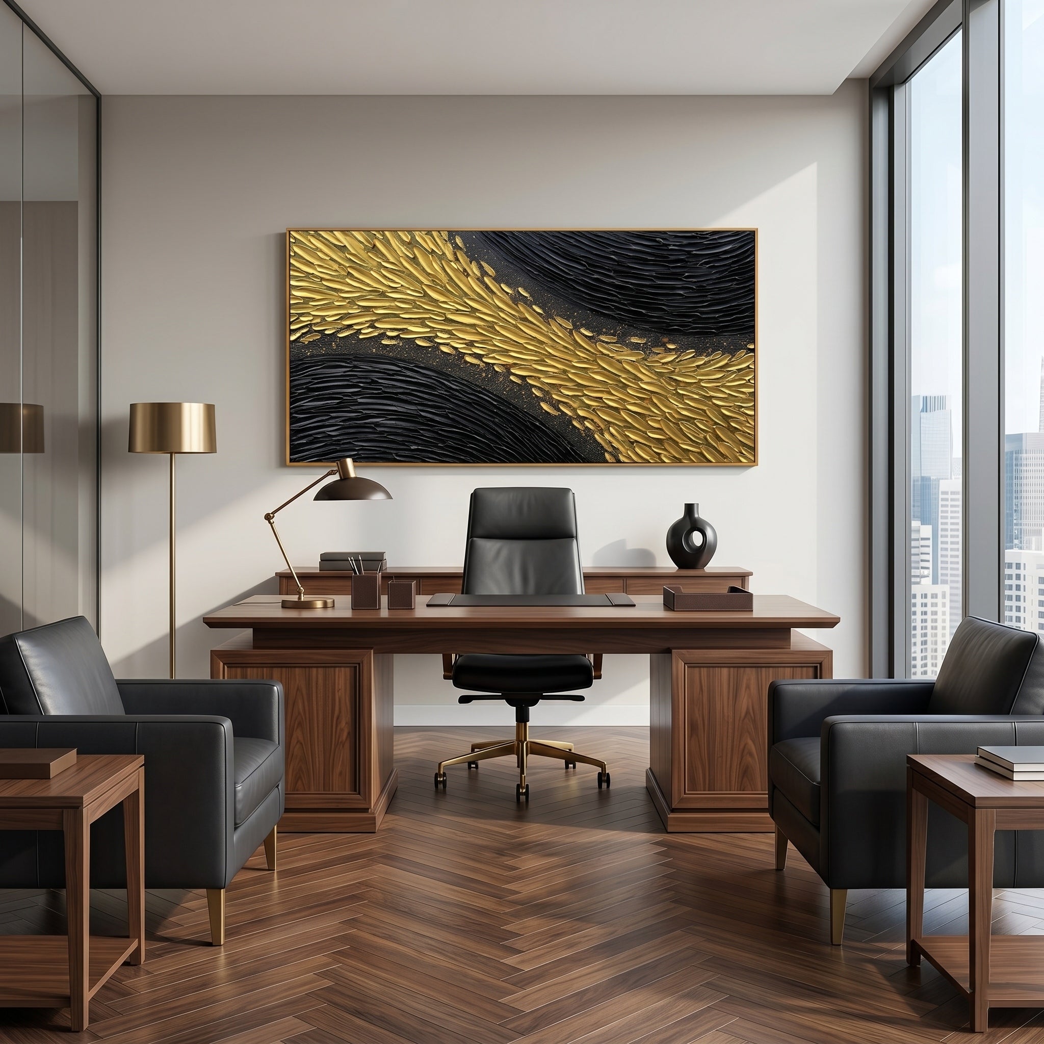Golden Scales in Motion – Modern Black-and-Gold Textured Artwork | Abstract Horizontal Living Room Art