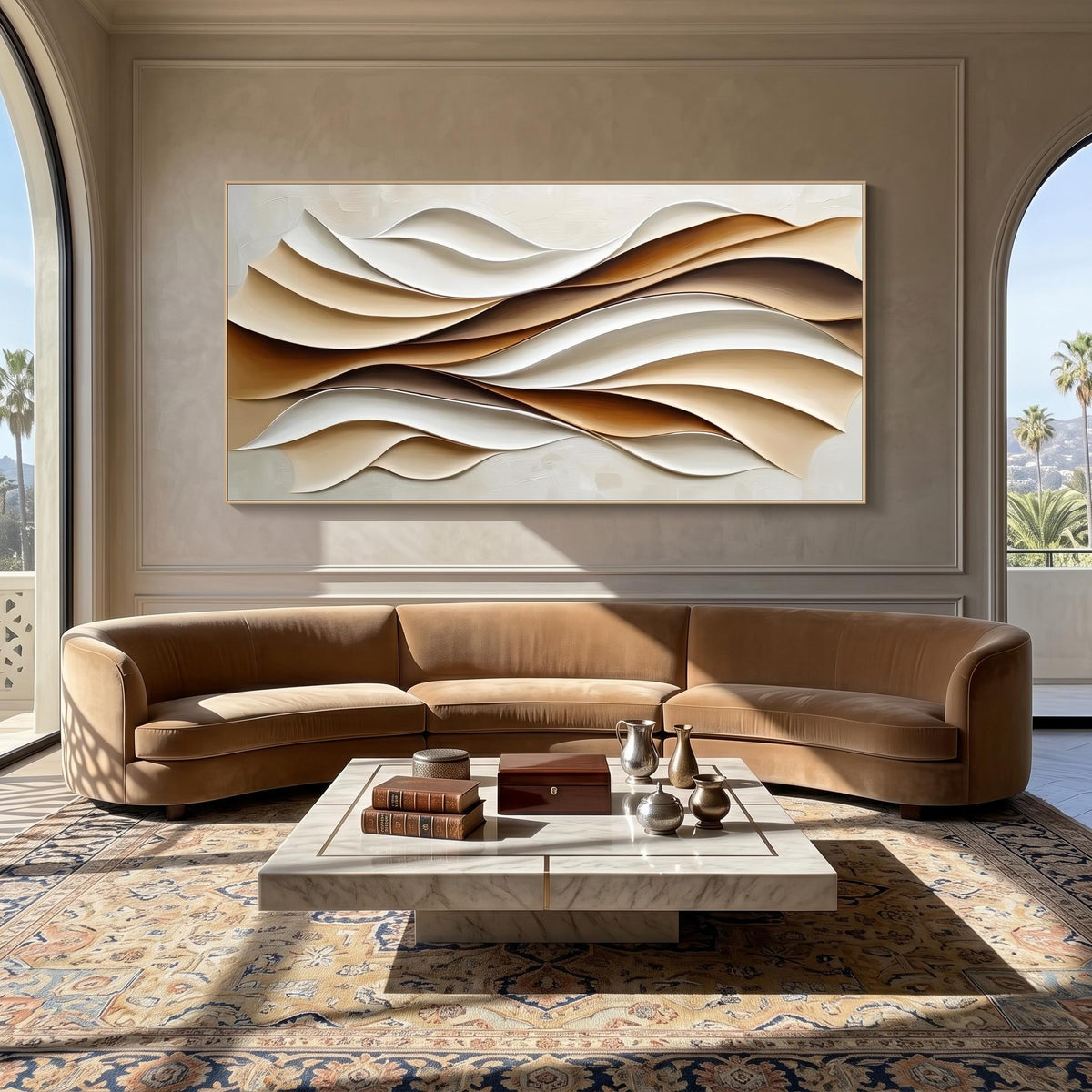 Sand Waves in Relief – Cream Brown Layered Abstract Painting | Wabi-Sabi Horizontal Wall Art
