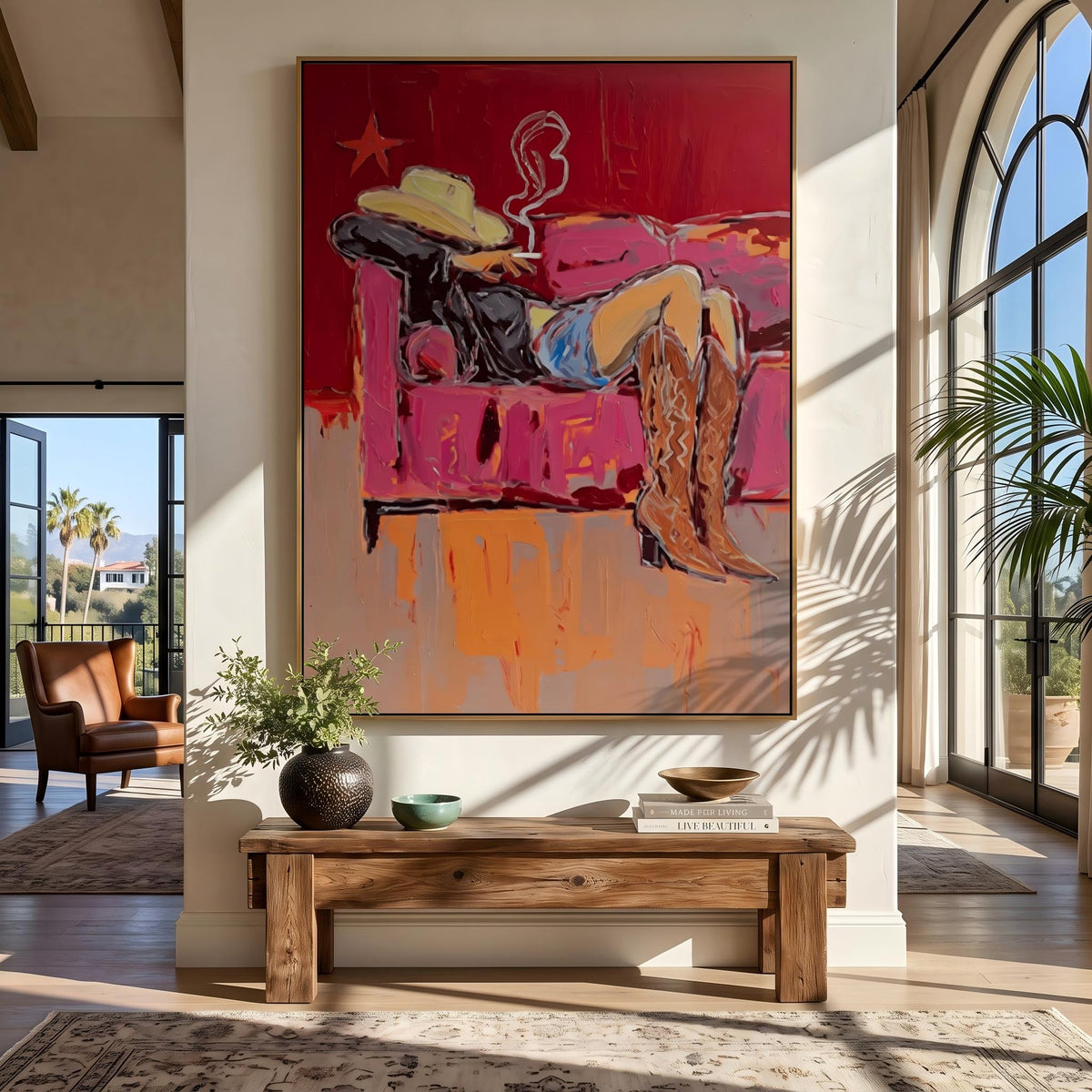 Couch Boots After Sundown – Pop Art Reclining Cowgirl Painting | Red Vertical Wall Art