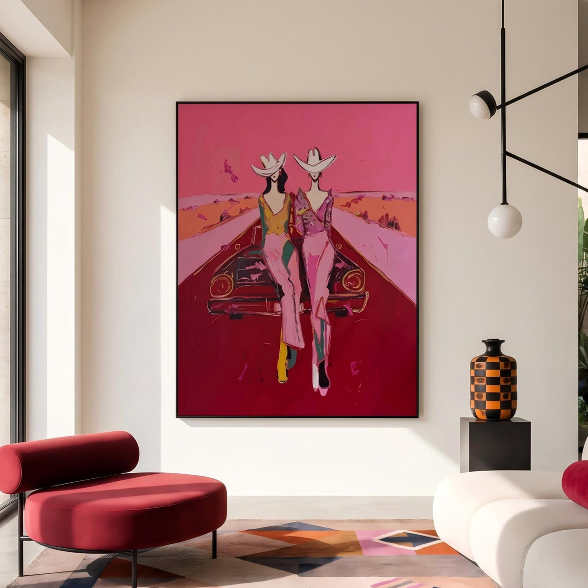 Cowgirls Meet the Horizon – Pop Art Western Friends Painting | Bold Pink Vertical Wall Art