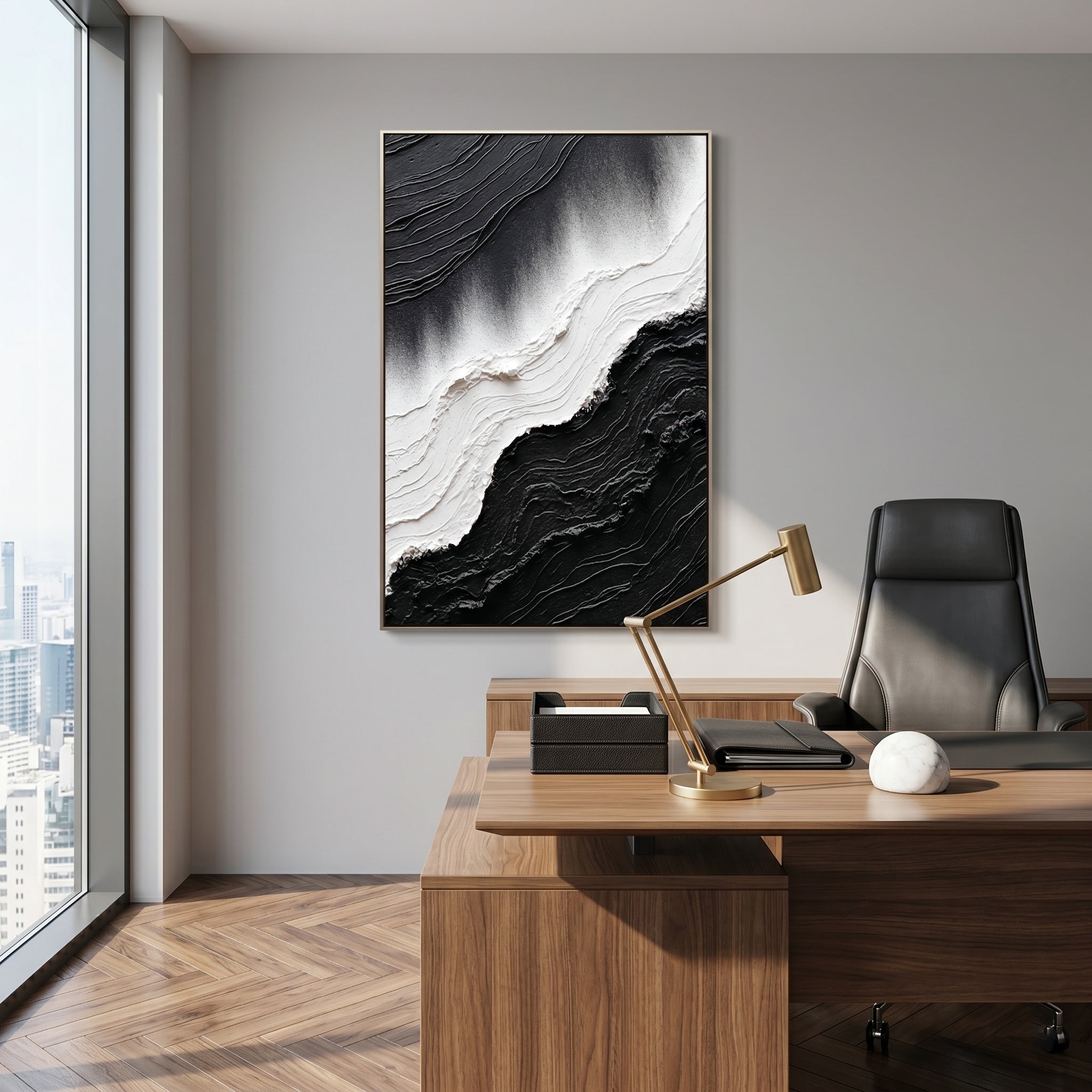 Dark Current – Modern Minimalist Black & White Painting | Textured Wabi-Sabi Abstract Hallway Art
