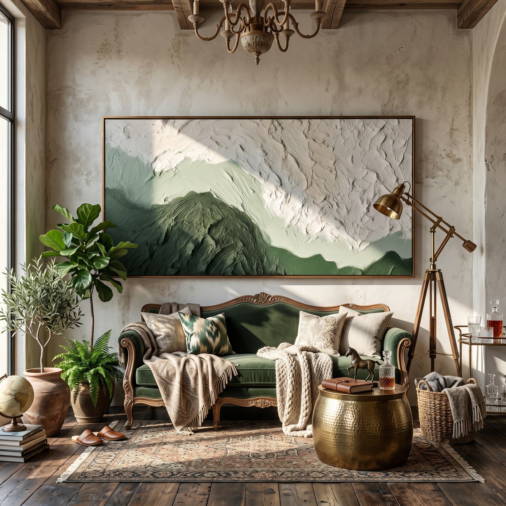 Verdant Ridges – Modern Organic Mountain Textured Art | Panoramic Sage Green Living Room Art