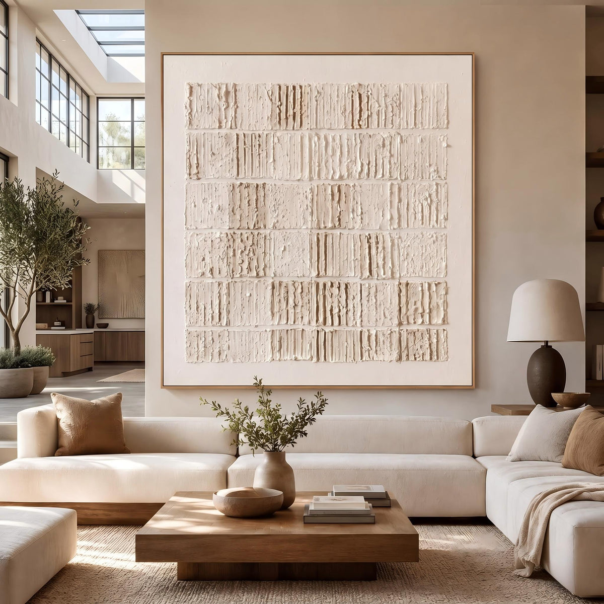 Quiet Blocks Hold Light – Cream Geometric Relief Painting | Wabi-Sabi Square Wall Art