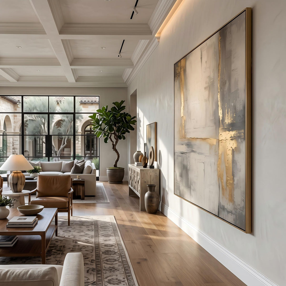 Gilded Lines Through Stone – Neutral Gold Abstract Painting | Contemporary Vertical Wall Art