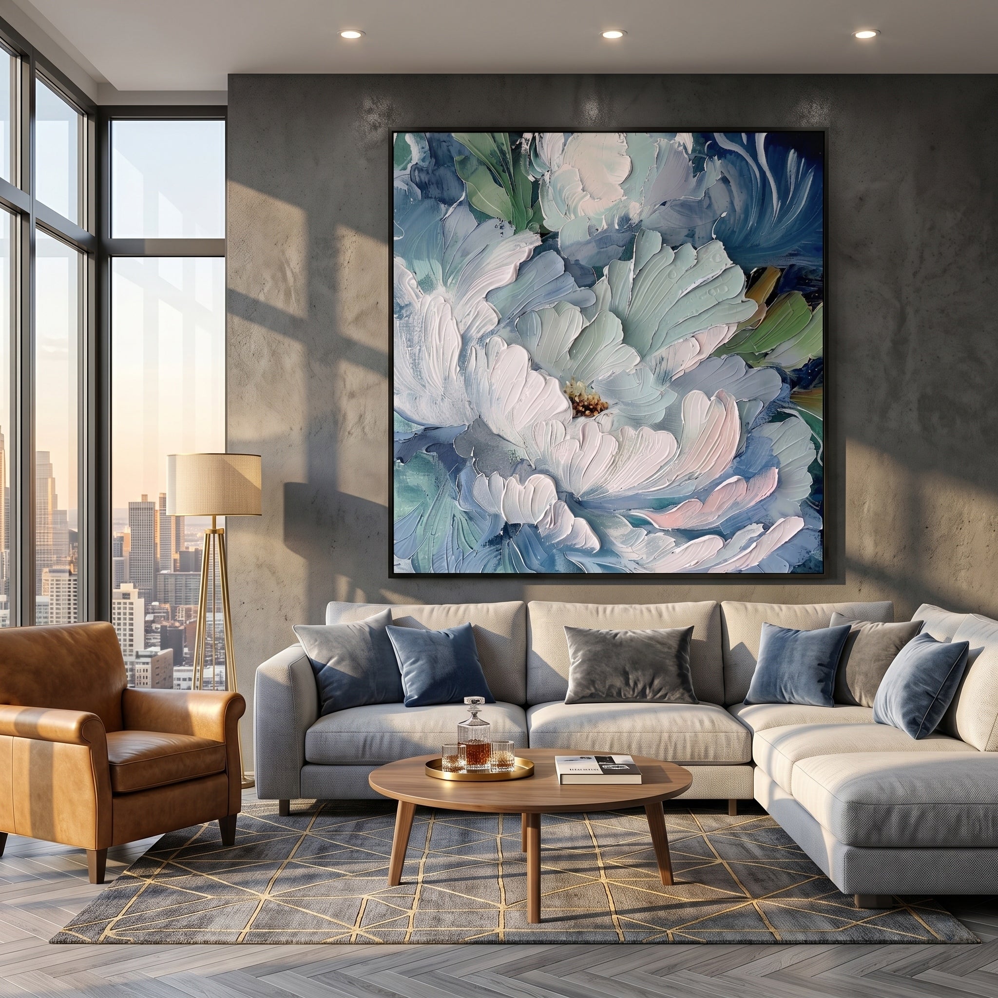 Glacial Bloom – Modern Impasto Floral Oil Painting | Creative Muted Blue & Teal Textured Hallway Art