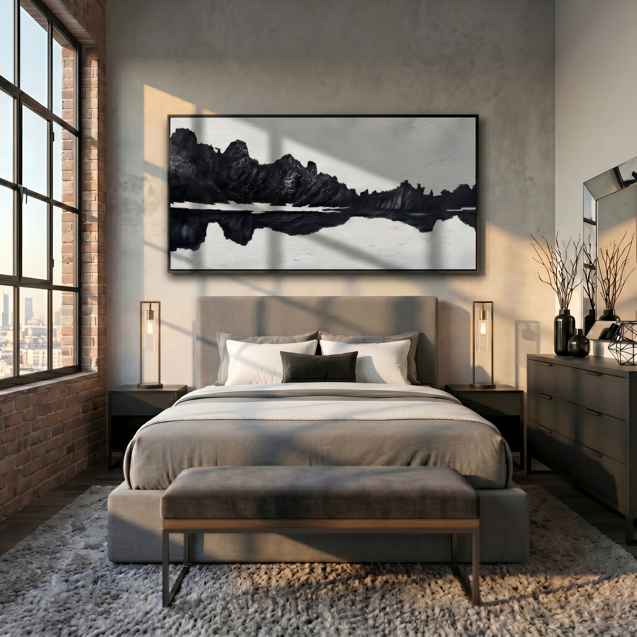 Silent Peaks – Black & White Minimalist Impasto Mountain Reflection | Modern Wabi-Sabi Office Art