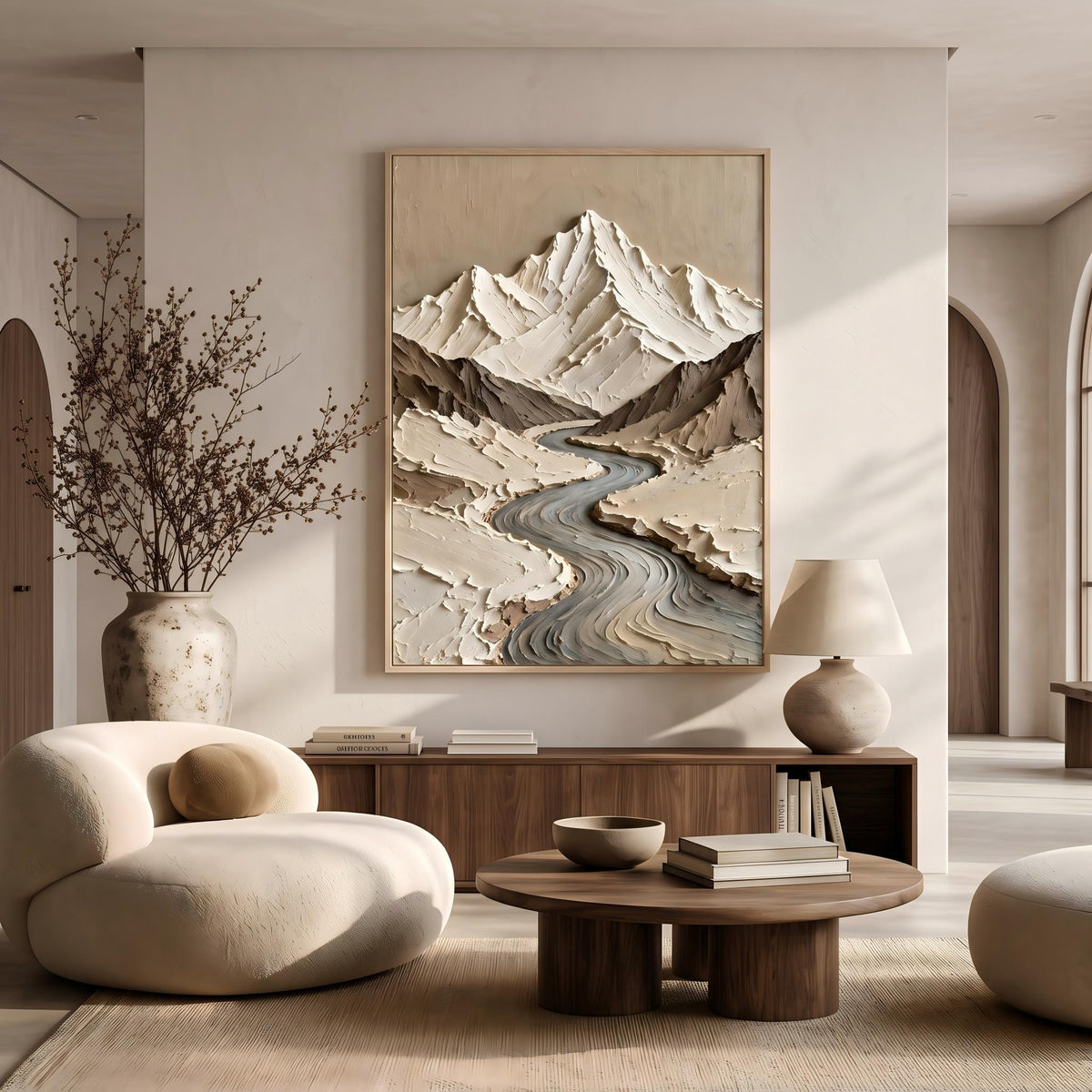 White Peaks Rising – Neutral Textured Mountain Painting | Wabi-Sabi Vertical Wall Art