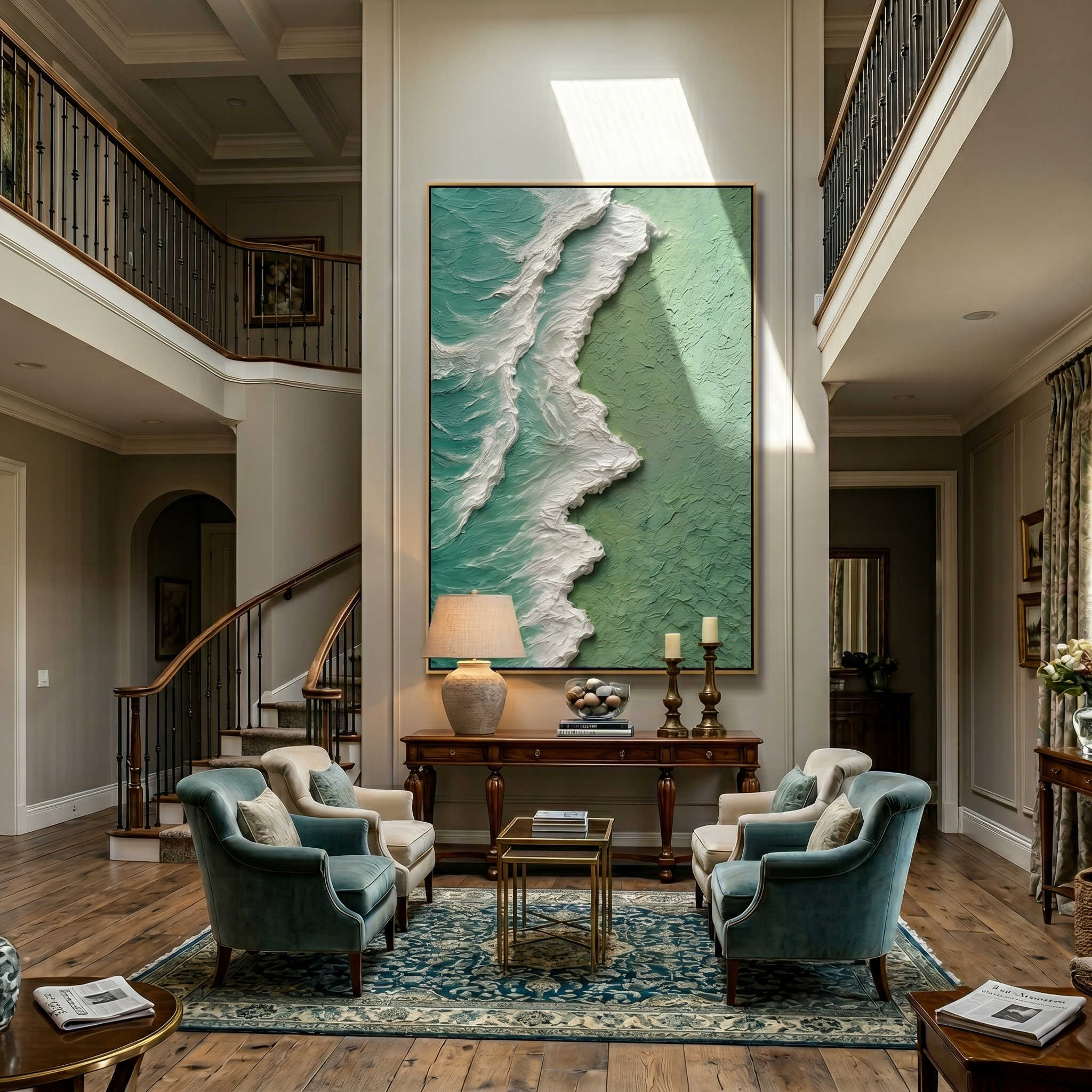 Ocean's Pulse – Modern Impasto Textured Painting | Creative Wabi-Sabi Mint Sea Wave Entryway Art