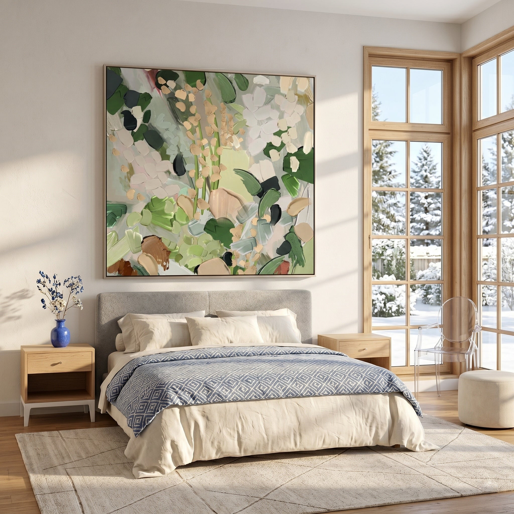 Woodland Serenity – Modern Wabi-Sabi Greenery Impasto Canvas | Minimalist  Abstract Entryway Art