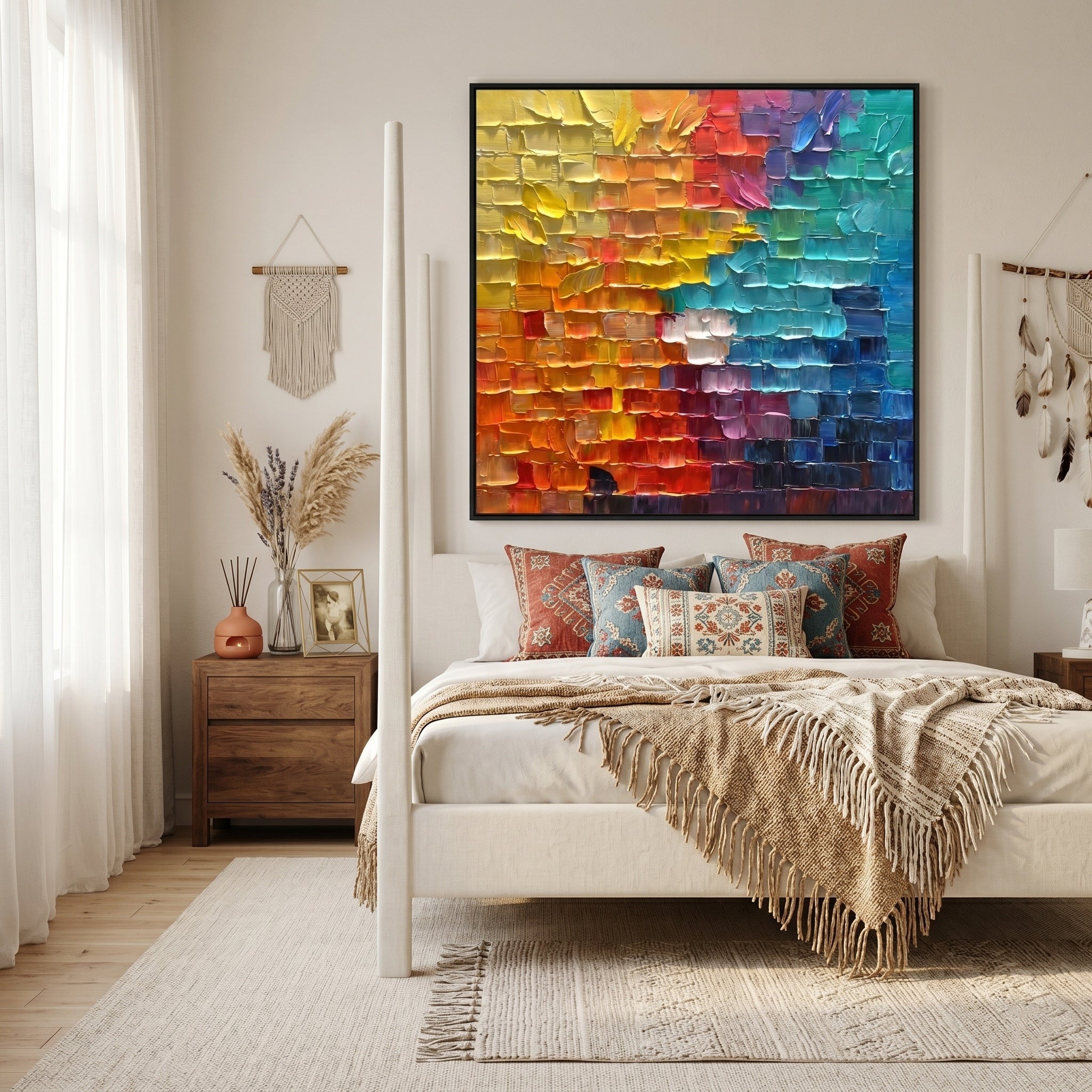 Chroma Grid – Modern Impasto Pixelated Abstract Oil Painting | Creative 3D Textured Mosaic Hallway Art