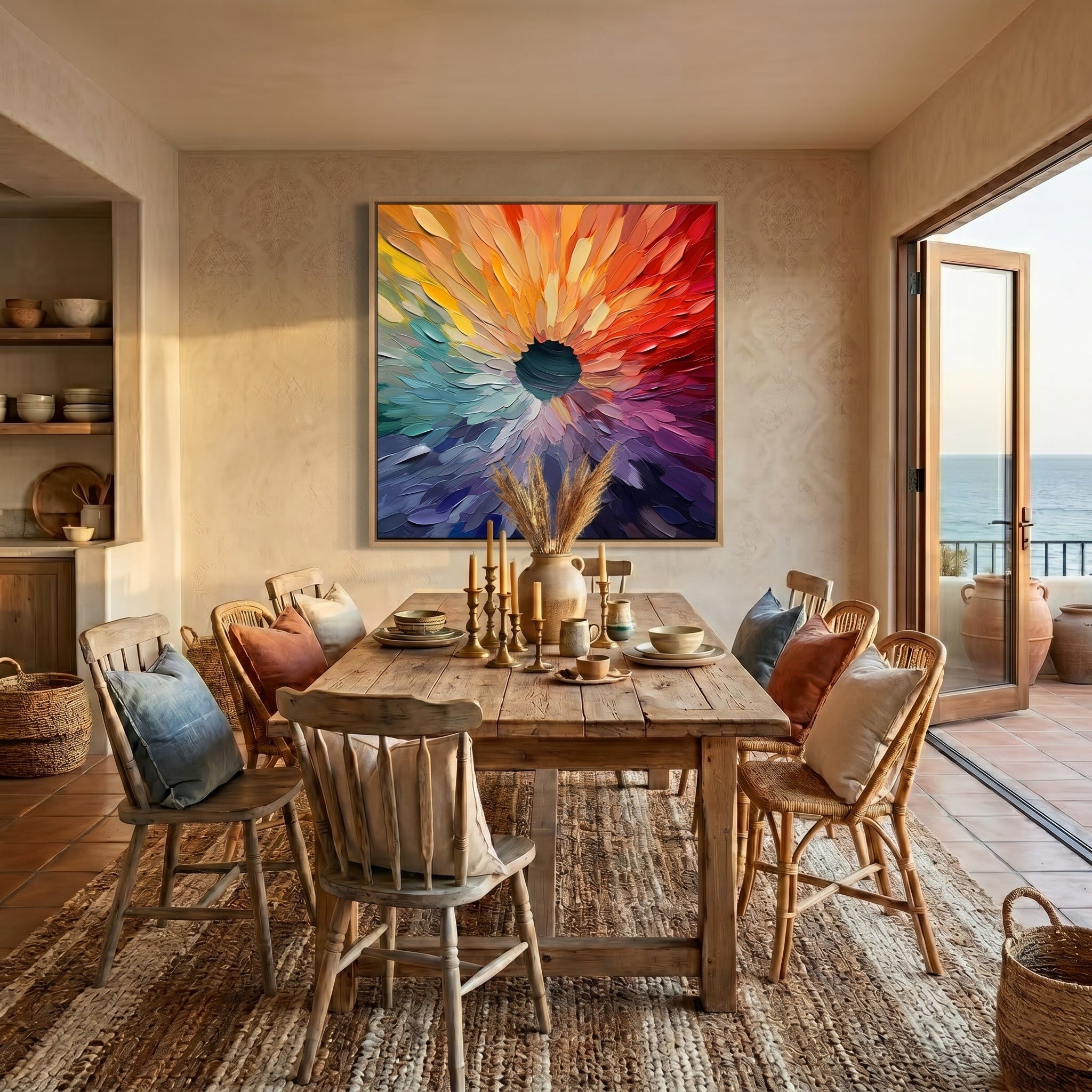 Rainbow Singularity – Modern Impasto Centripetal Abstract Oil Painting | Creative Textured Spectrum Entryway Art