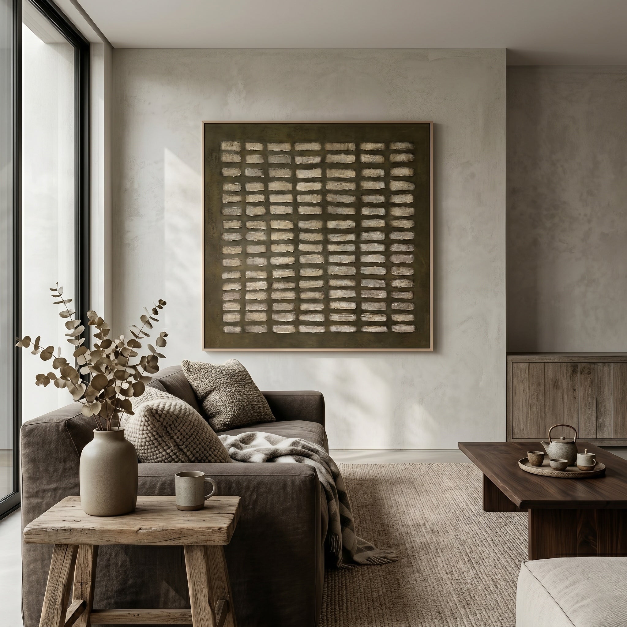 Time Matrix – Wabi-Sabi Style Earth-Tone Minimalist Texture Painting | Modern Abstract Geometric Entryway Art