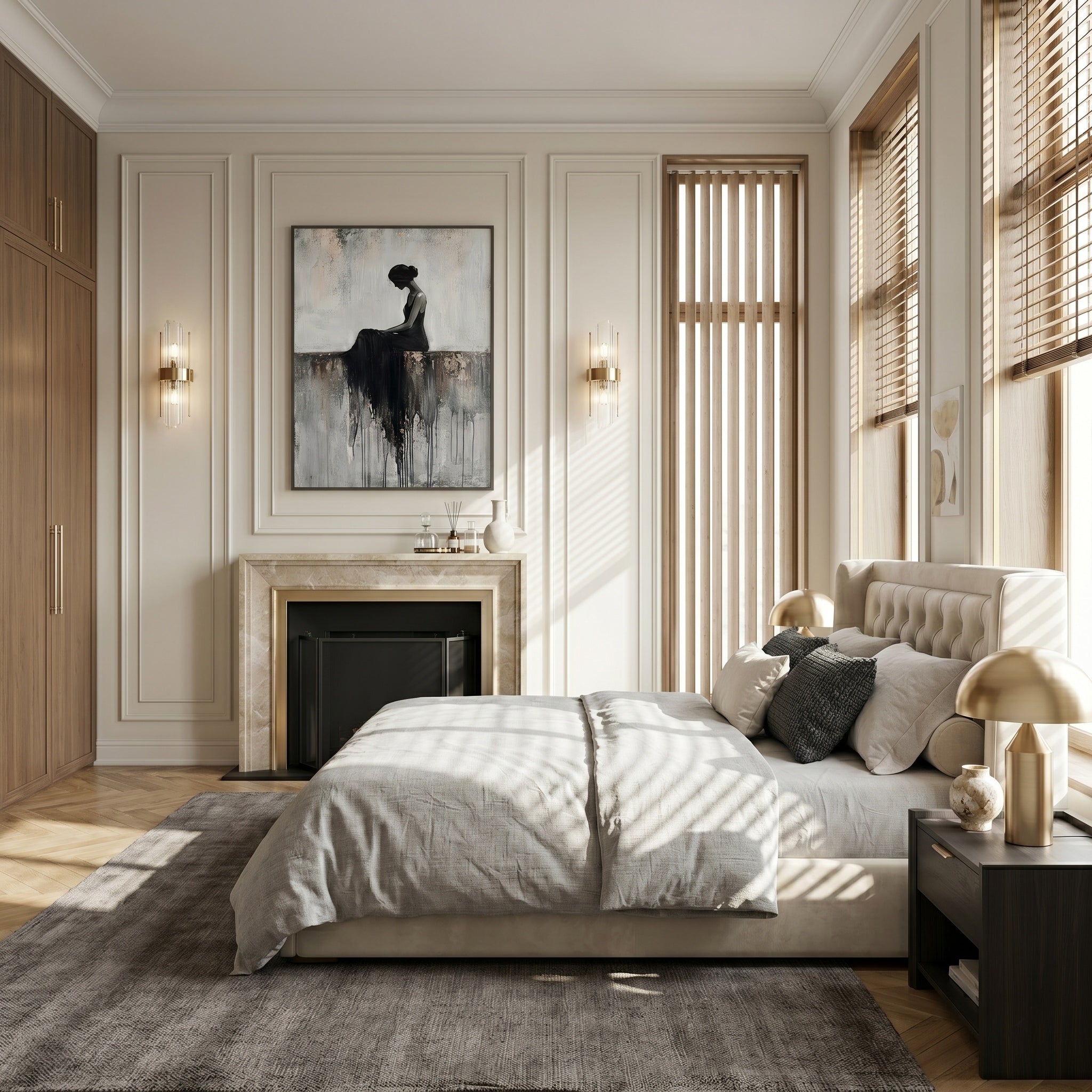 Soul's Sanctuary – Modern Figurative Impasto Black Dress Painting | Minimalist Bedroom Wall Art