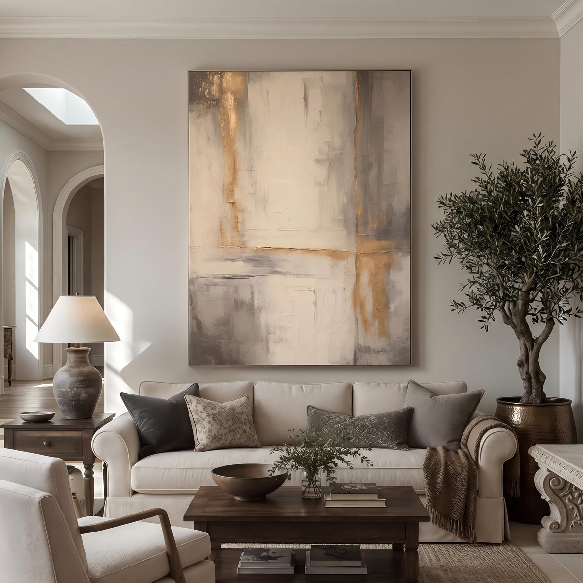 Gilded Lines Through Stone – Neutral Gold Abstract Painting | Contemporary Vertical Wall Art