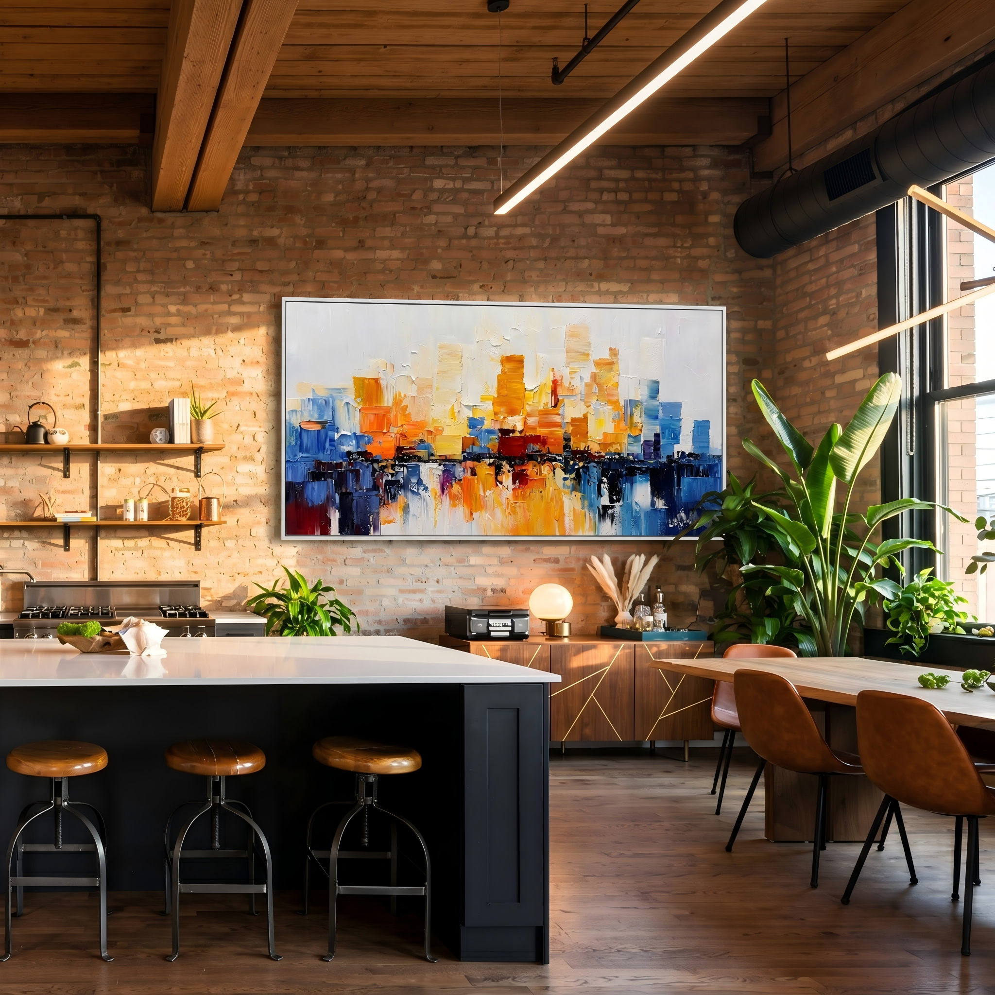 Dawn Metropolis – Modern Abstract Orange and Blue Impasto Cityscape Canvas | Vibrant Living Room Art