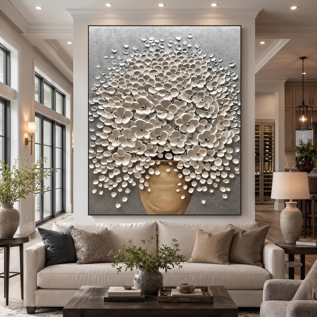 Pearl Canopy Rising – White Blossom Tree Painting | Textured Vertical Wall Art