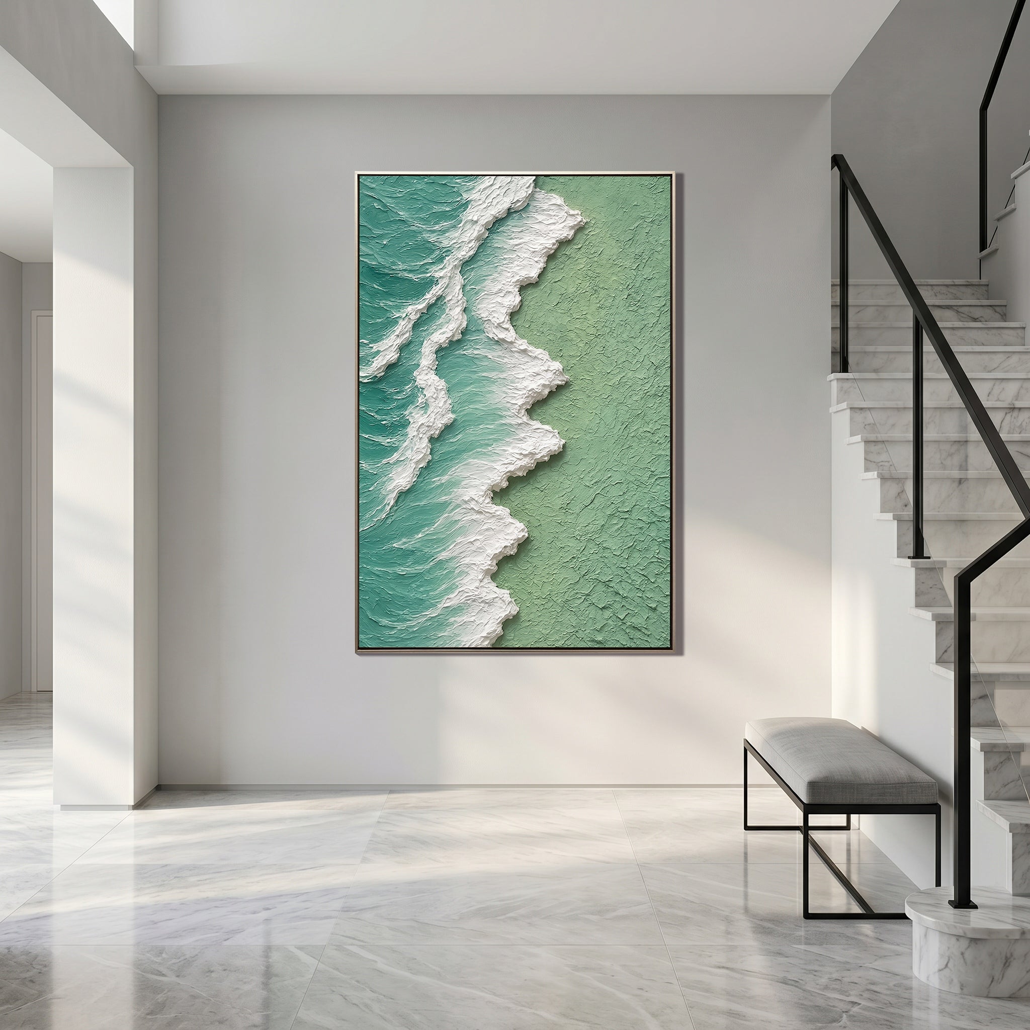 Ocean's Pulse – Modern Impasto Textured Painting | Creative Wabi-Sabi Mint Sea Wave Entryway Art