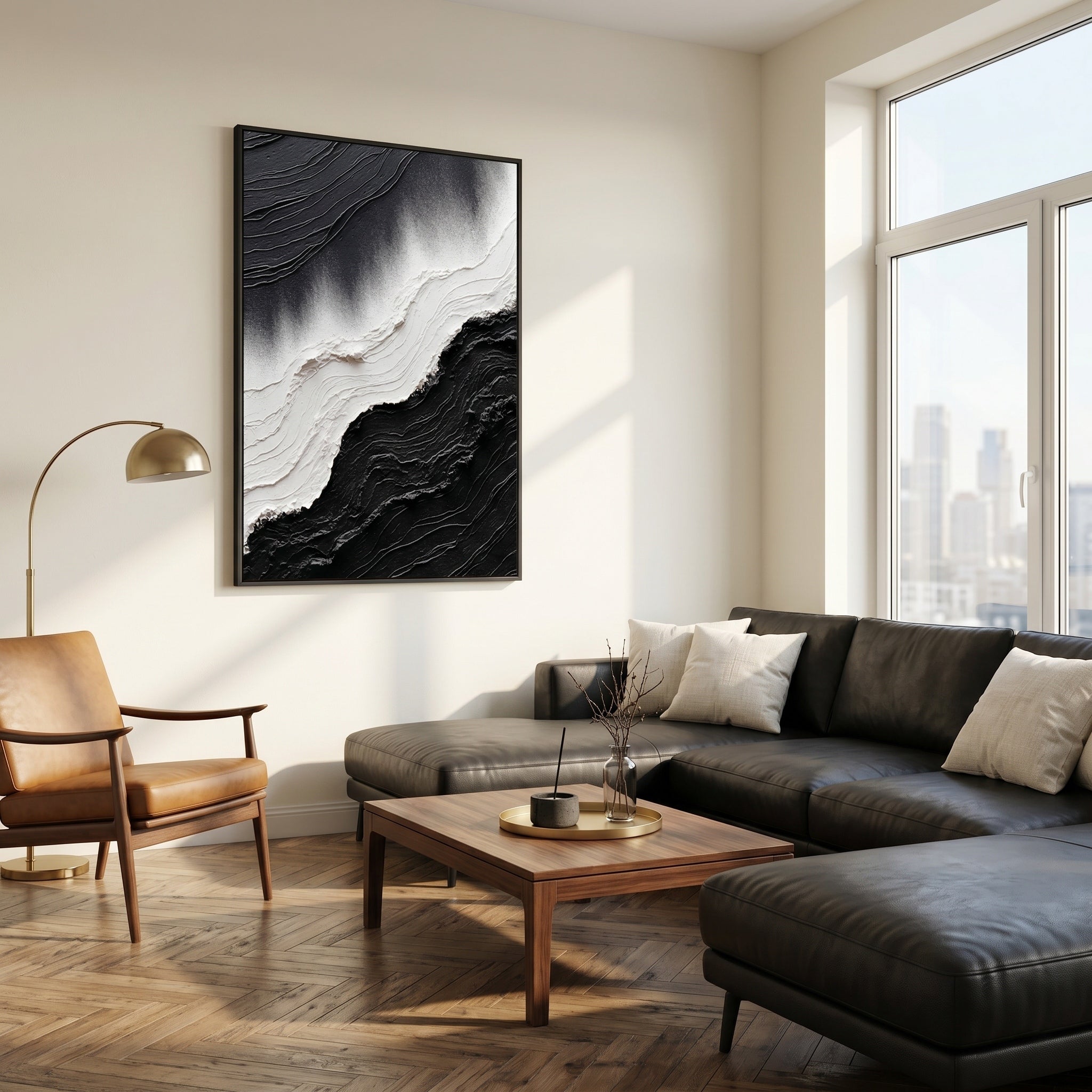Dark Current – Modern Minimalist Black & White Painting | Textured Wabi-Sabi Abstract Hallway Art