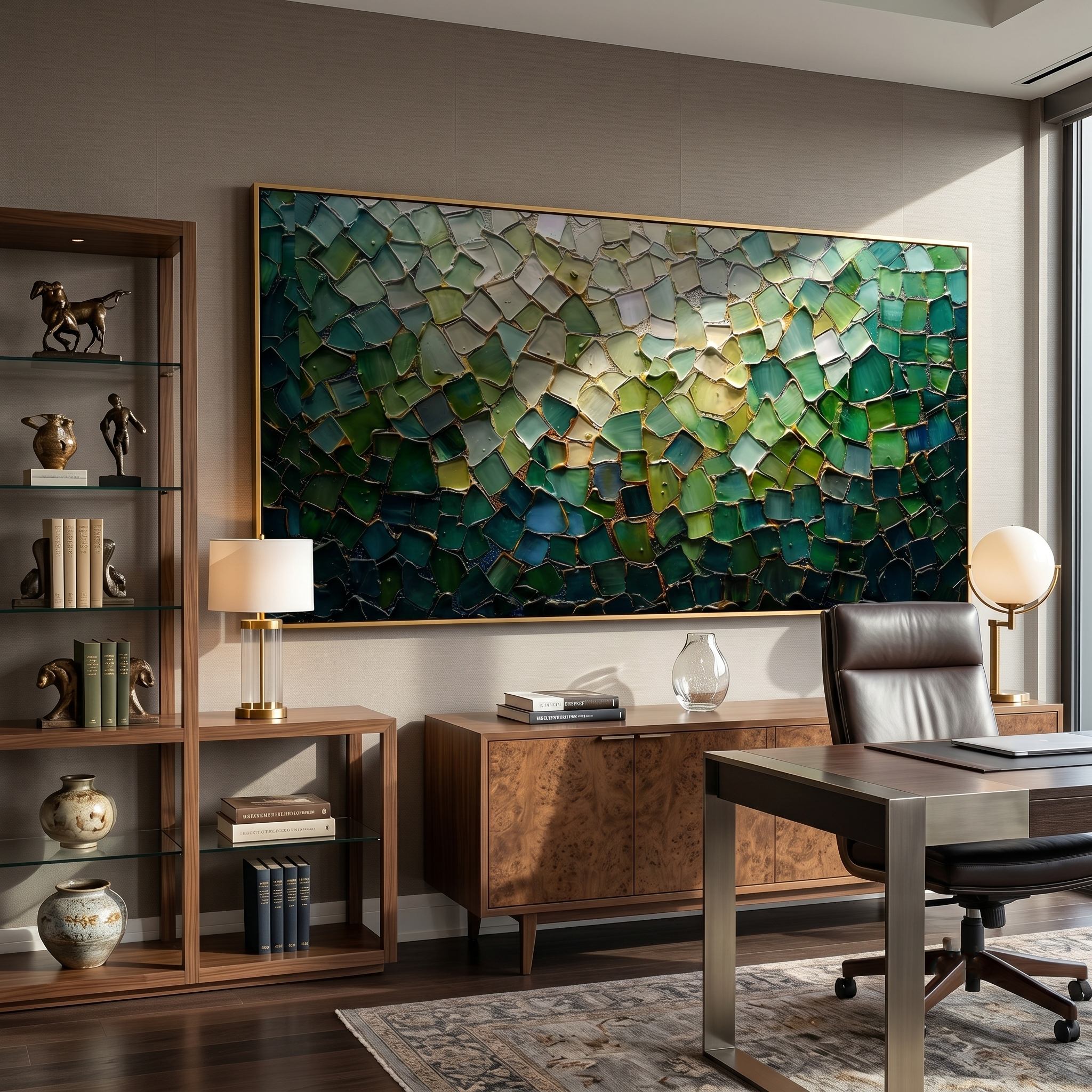 Emerald Mosaic – Modern Luxury Textured Art | Impasto Peacock Green Abstract Living Room Art