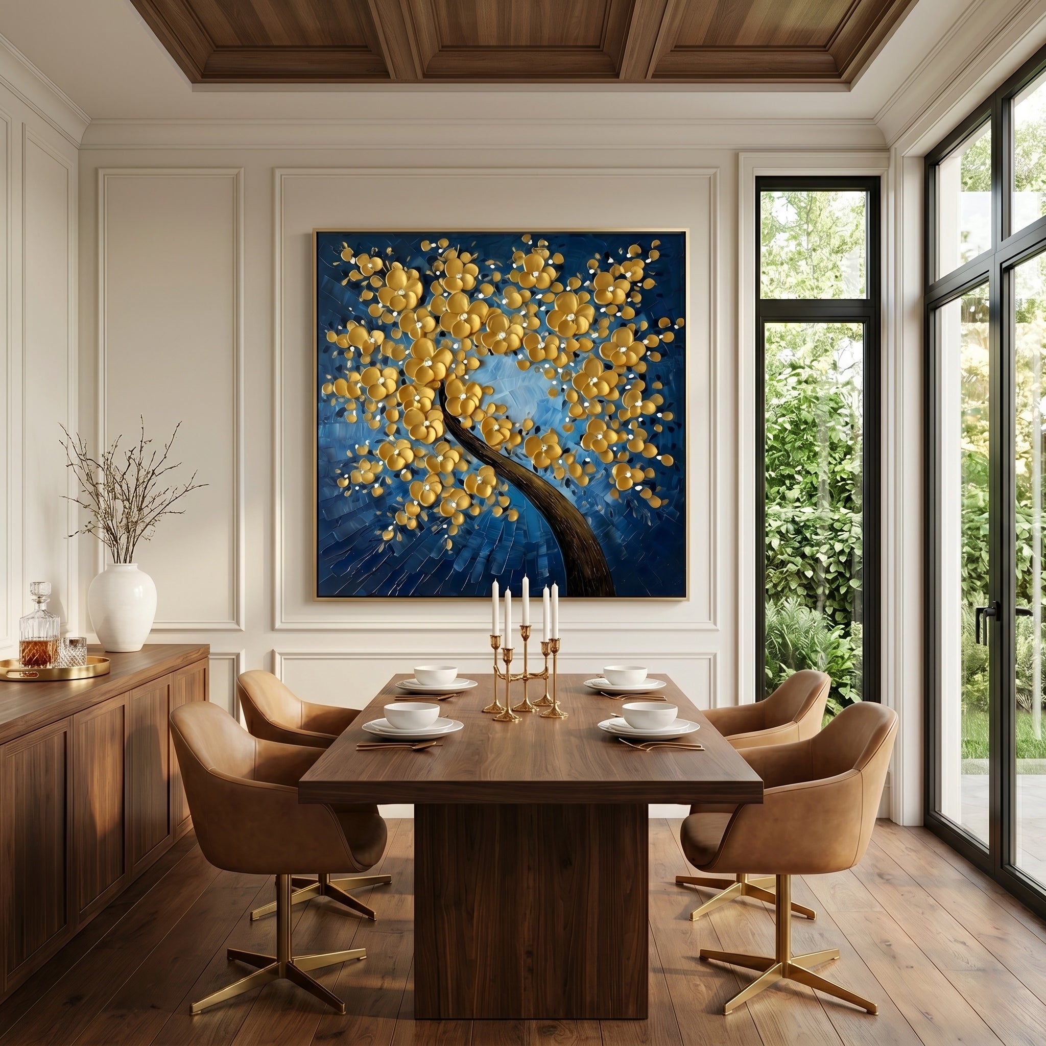 Azure Radiance – Blue & Gold Impasto Floral Tree Oil Painting | Modern Luxury Entryway Square Wall Art