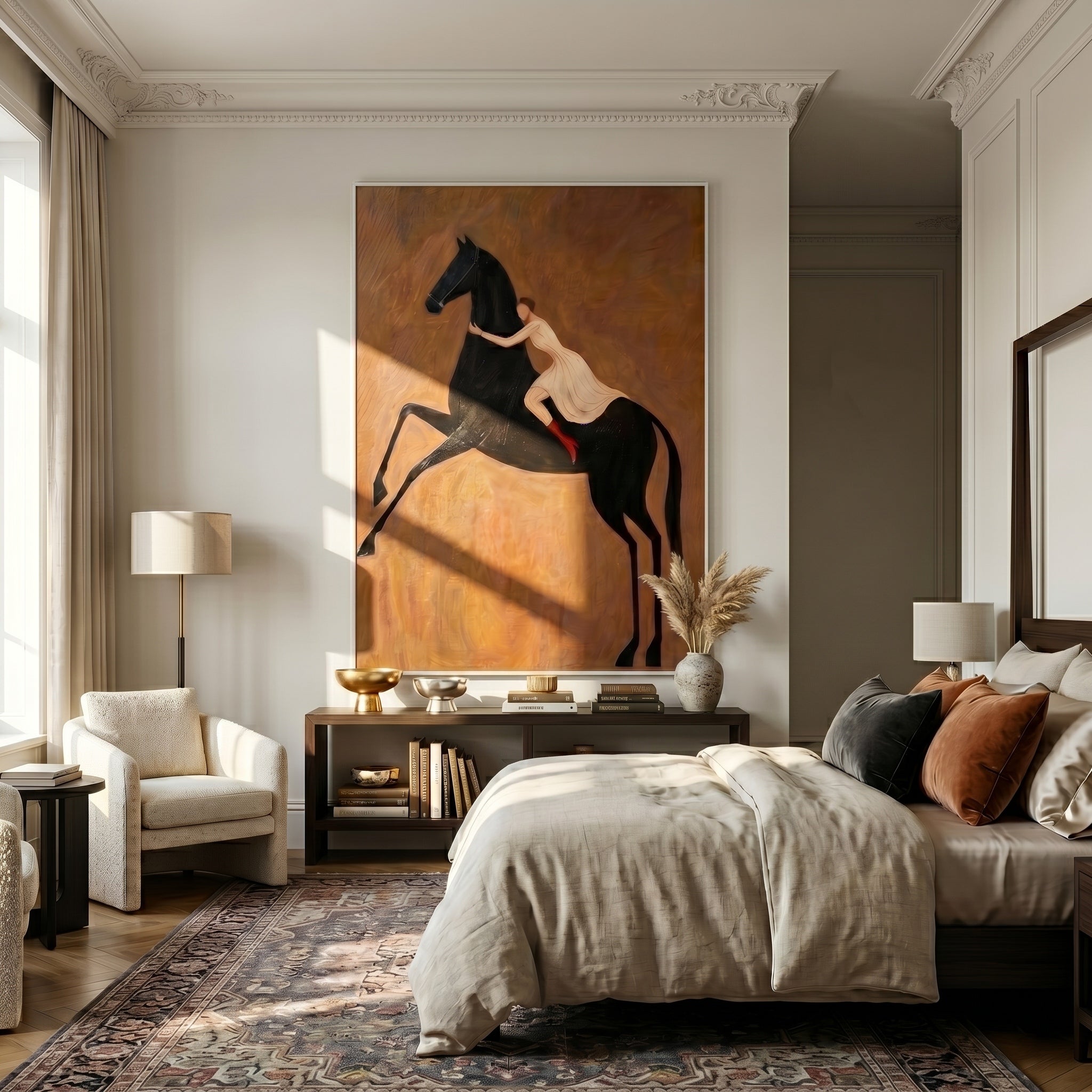 The Wild Embrace – Modern Romanticism Black Horse & Girl Painting | Rustic Caramel Home Office Art