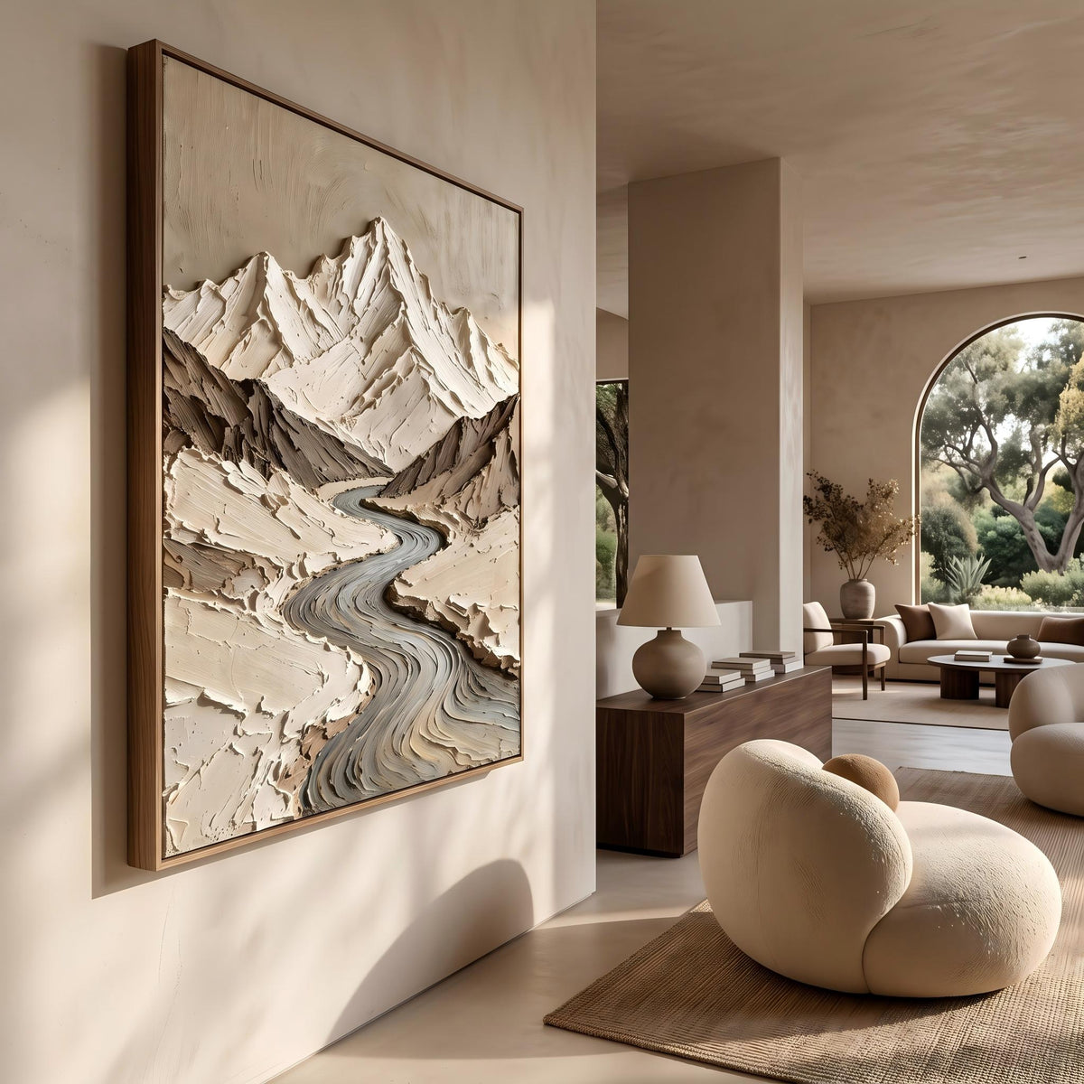 White Peaks Rising – Neutral Textured Mountain Painting | Wabi-Sabi Vertical Wall Art