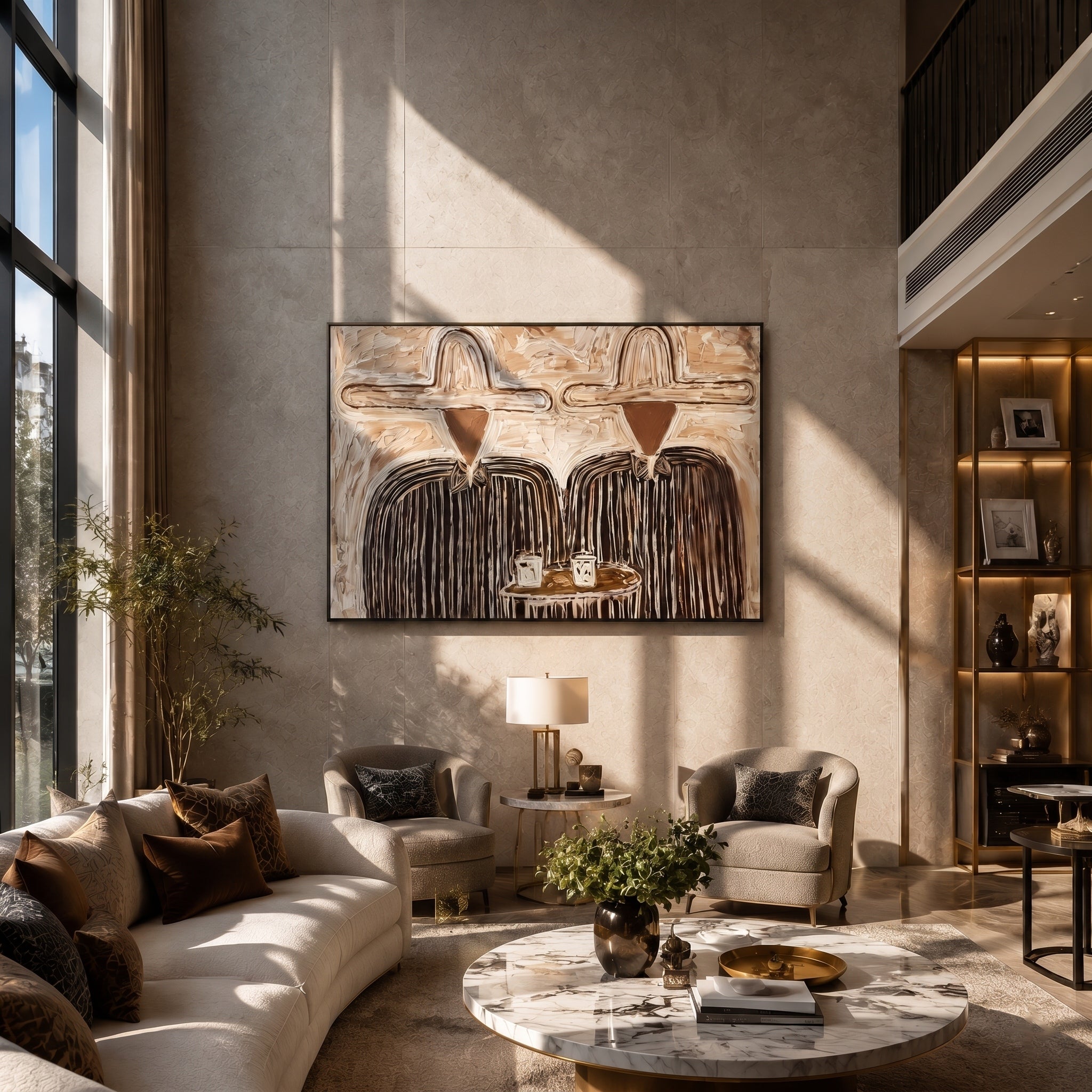 Quiet Brew – Modern Cream & Brown Heavy Textured Figures Painting | Minimalist Living Room Art