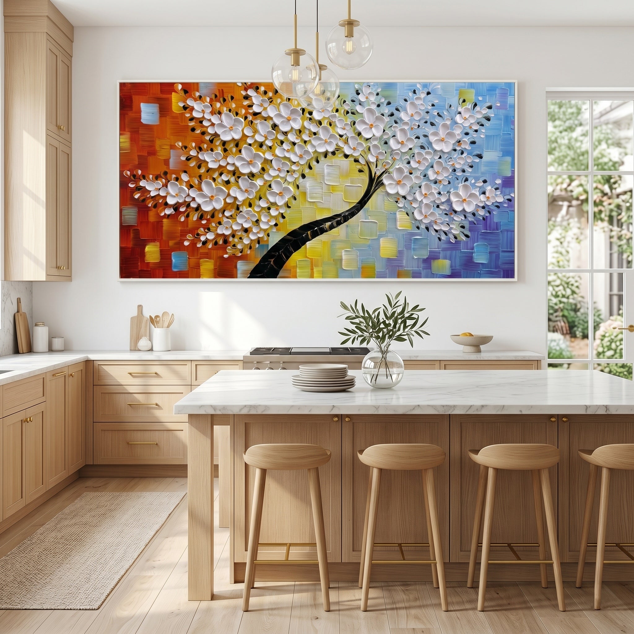 Dance of Life – Modern Textured Impasto Flower Tree | Artful Warm-Cool Contrast Entryway Wall Art
