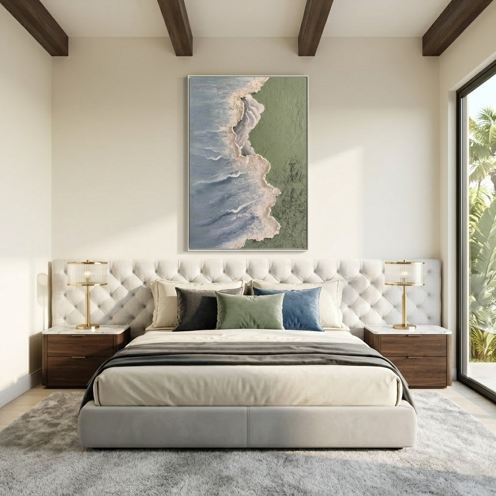 Echoes of the Shore – Wabi-Sabi Sage Green Heavy Textured Waves | Minimalist Abstract Entryway Art