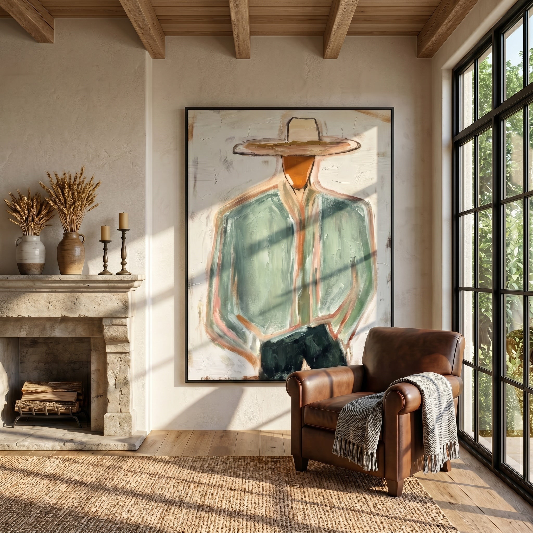 The Wanderer's Soul - Modern Sage Green Cowboy Figurative Painting | Mid-Century Abstract Entryway Art